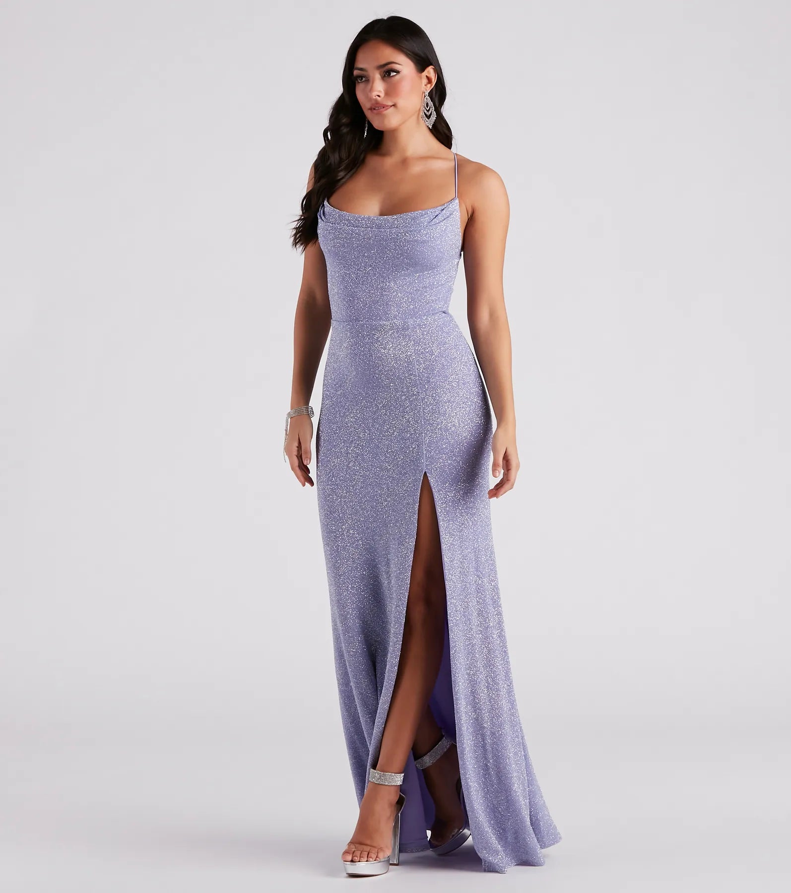Doria Formal High Slit Glitter Dress - LAVENDER