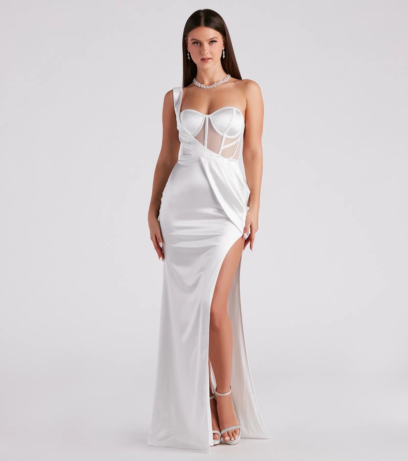 Lo Formal One-Shoulder Satin Corset Dress - WHITE
