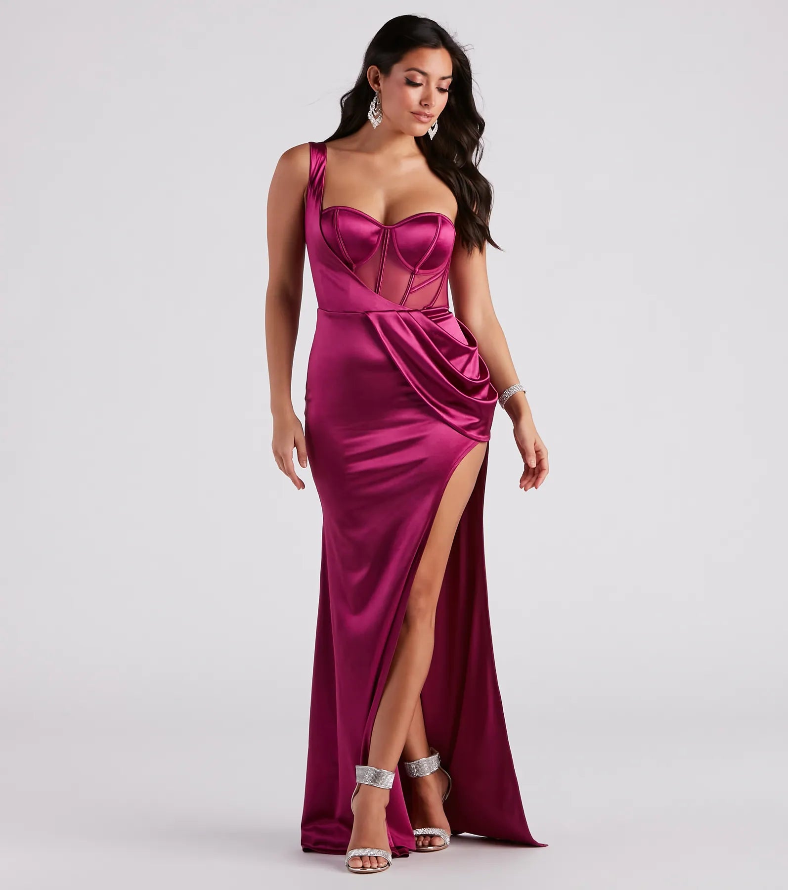 Lo Formal One-Shoulder Satin Corset Dress - FUCHSIA