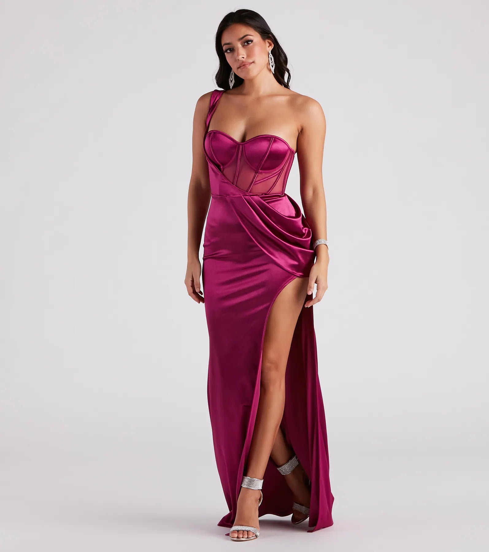 Lo Formal One-Shoulder Satin Corset Dress - FUCHSIA