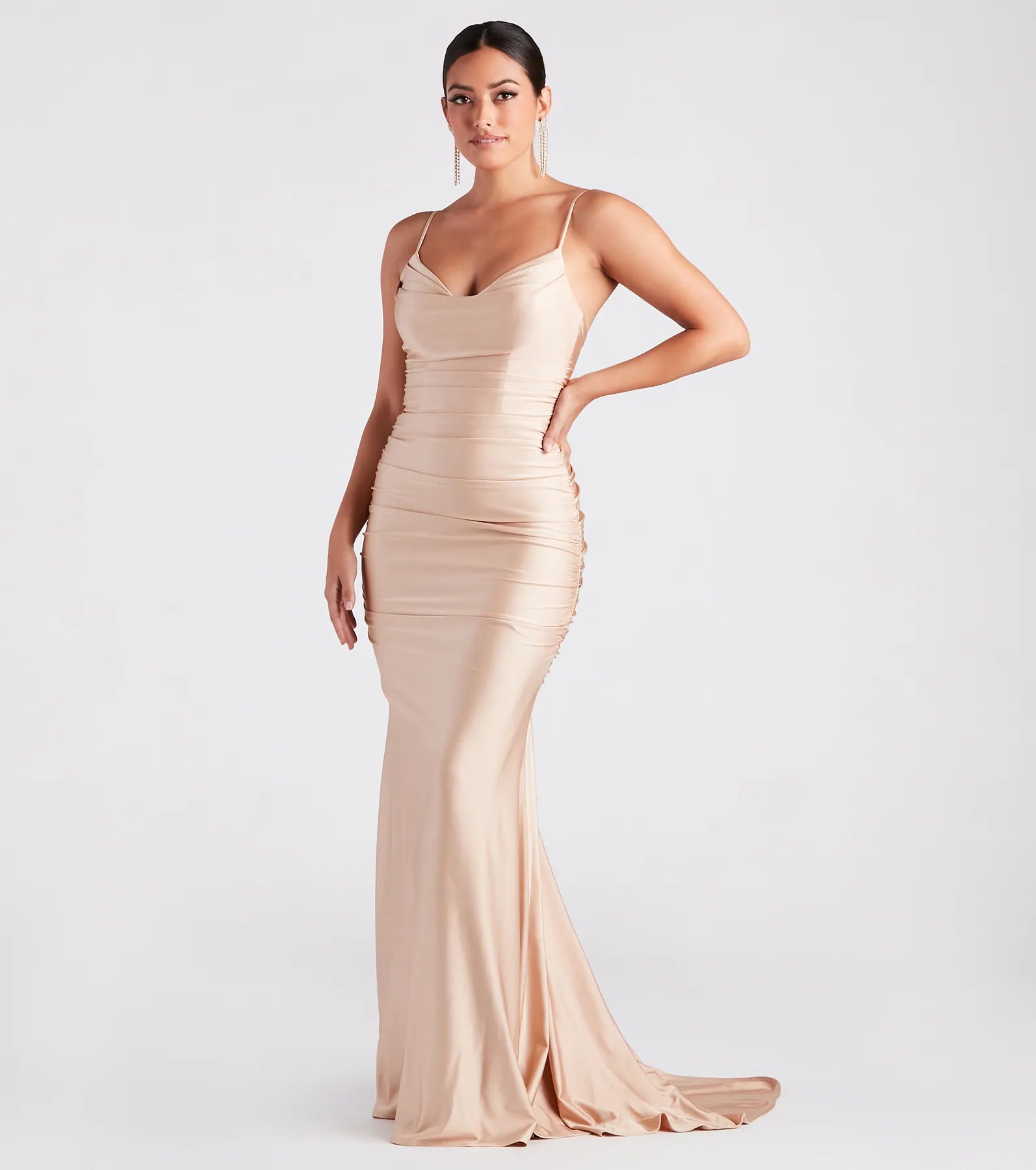Jamie Formal Cowl Neck Mermaid Dress - OATMEAL