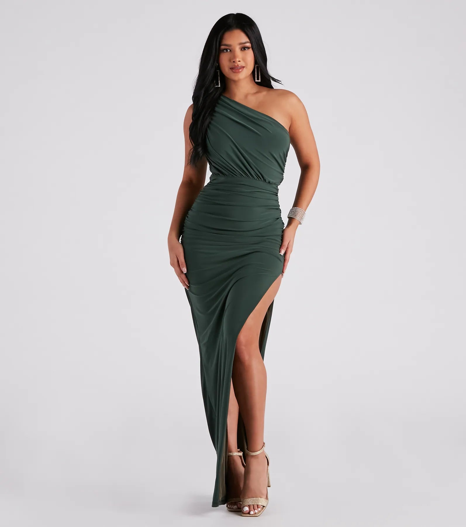 Adora Formal One-Shoulder Ruched Dress - OLIVE
