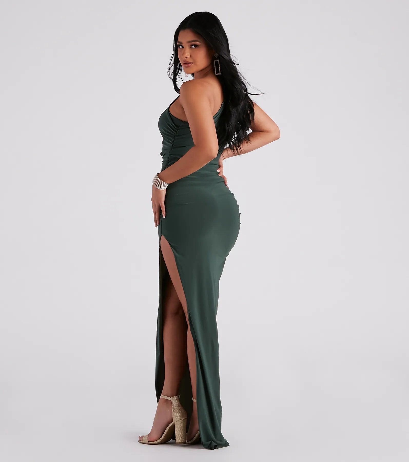Adora Formal One-Shoulder Ruched Dress - OLIVE