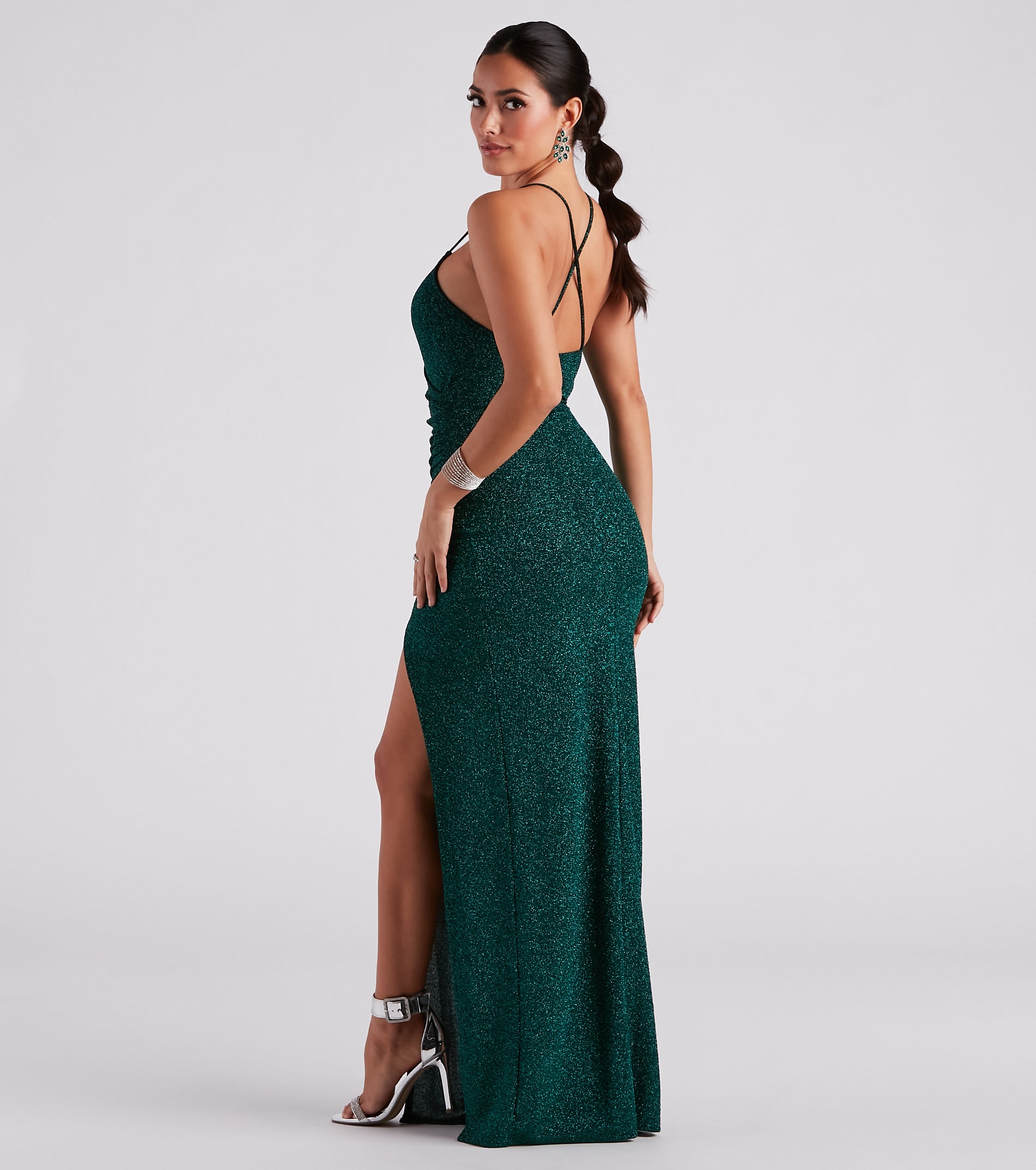 Leann Formal High Slit Glitter Dress - GREEN-2