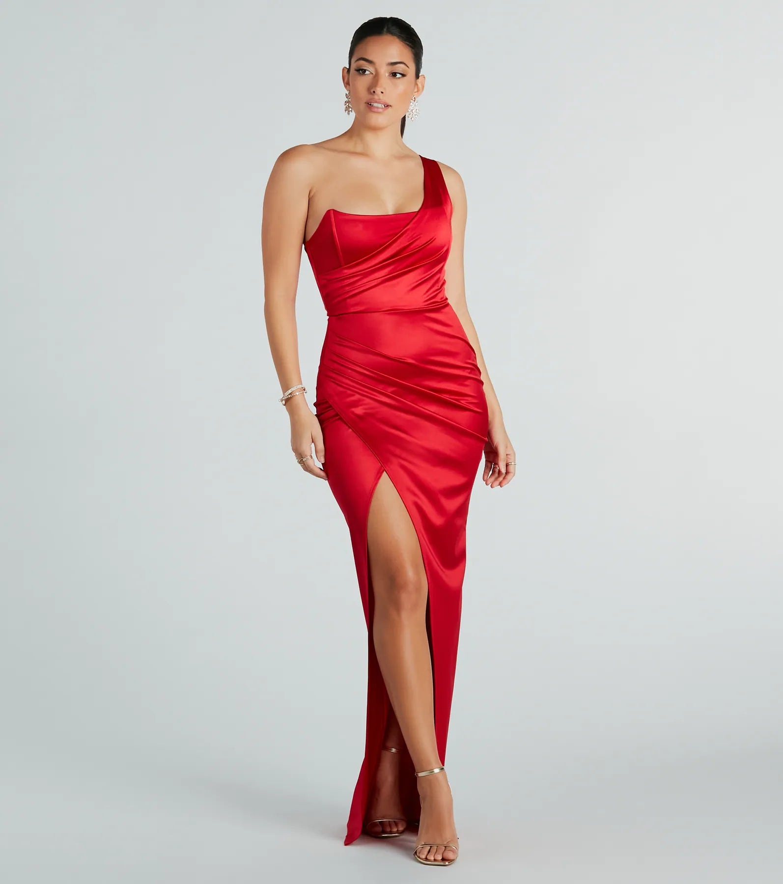 Isla Satin One-Shoulder Wrap Dress - RED