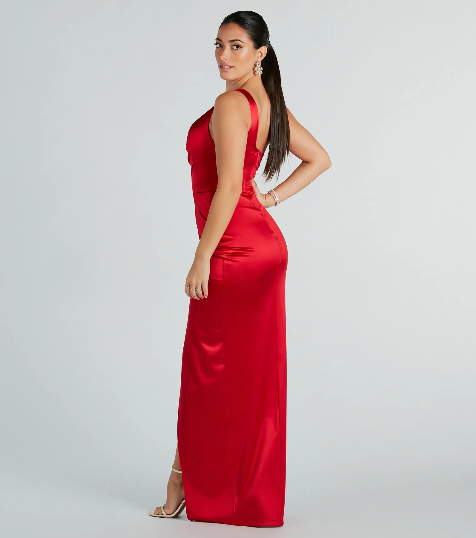 Isla Satin One-Shoulder Wrap Dress - RED