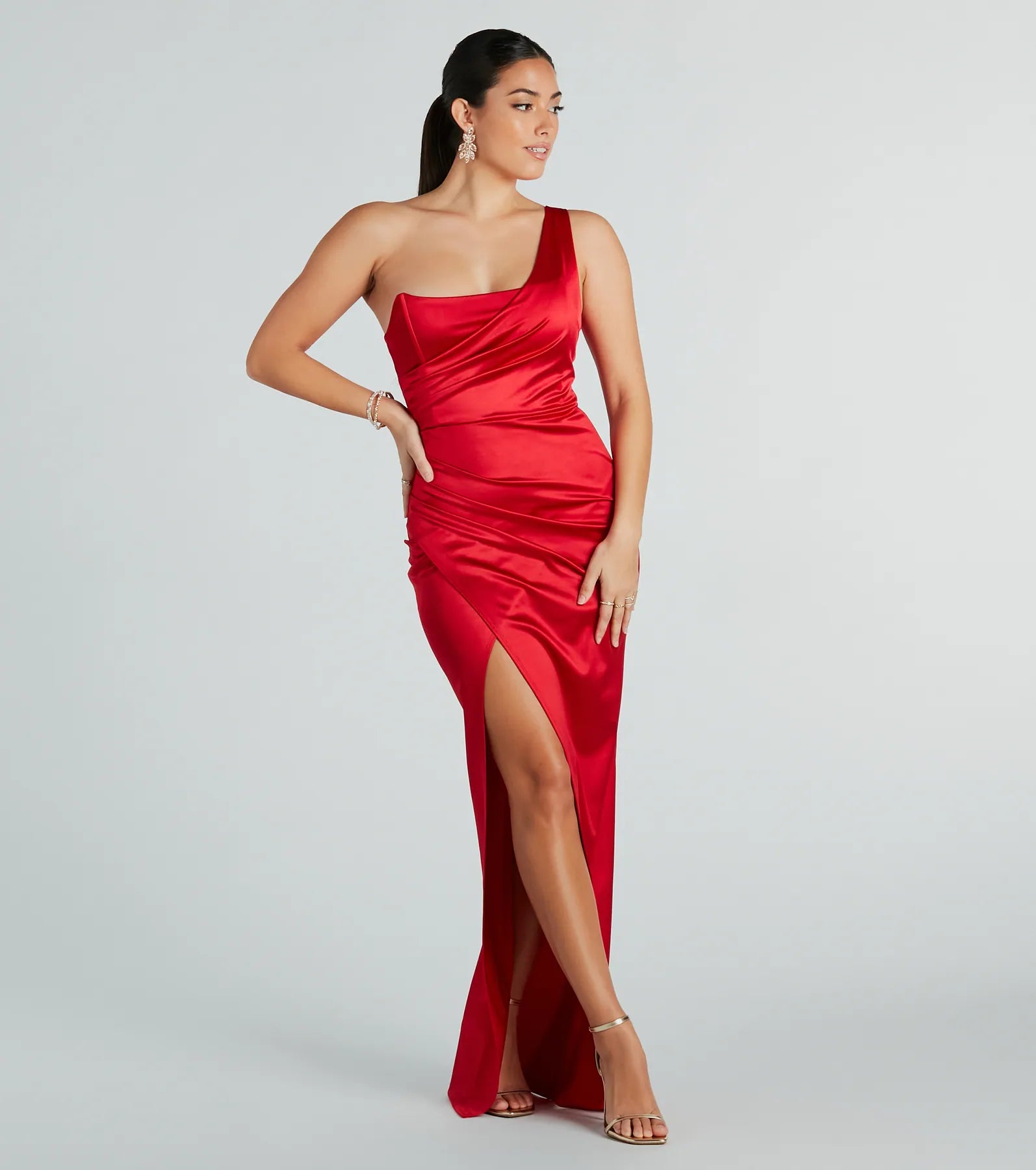 Isla Satin One-Shoulder Wrap Dress - RED