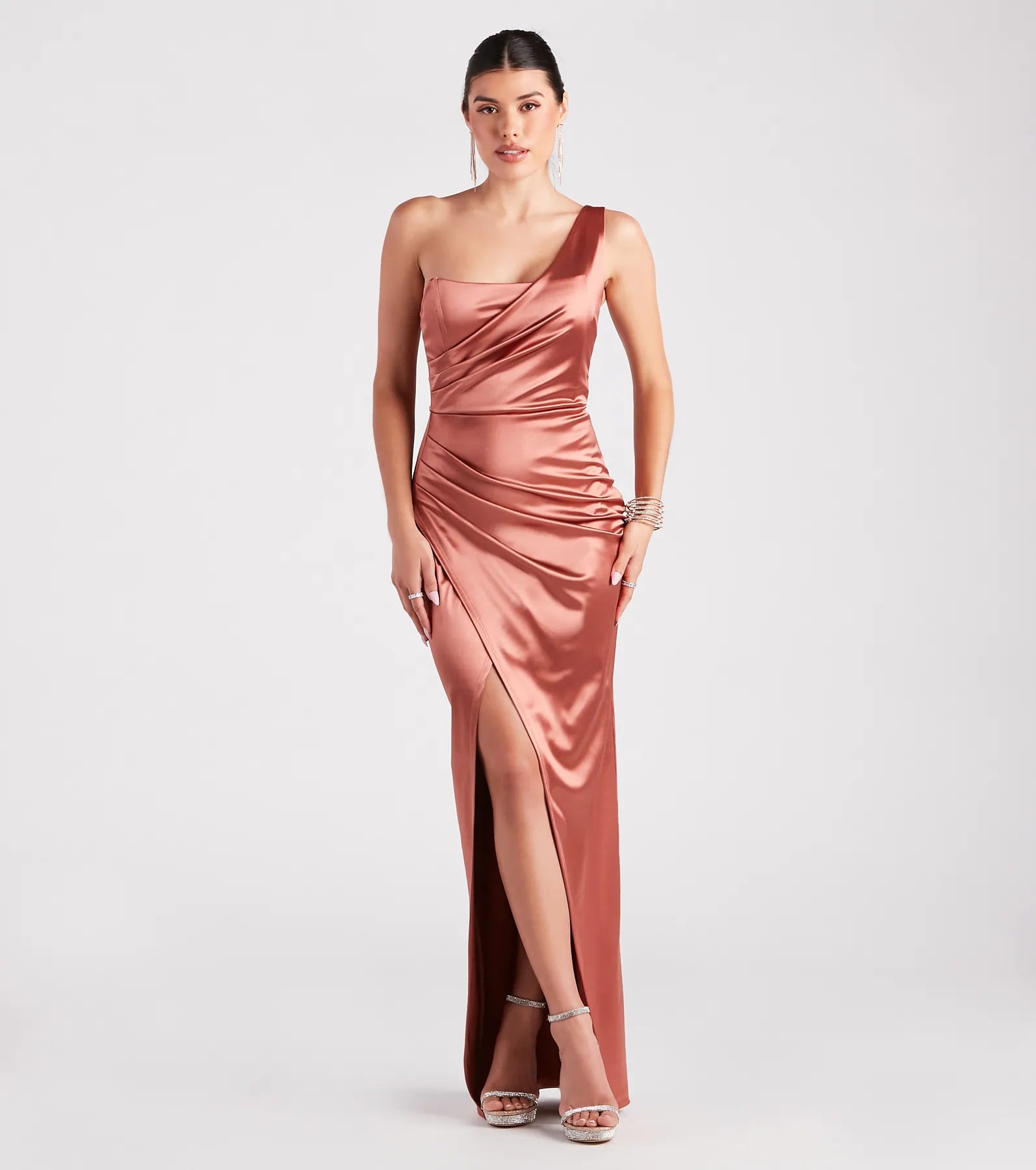 Isla Satin One-Shoulder Wrap Dress - ROSE