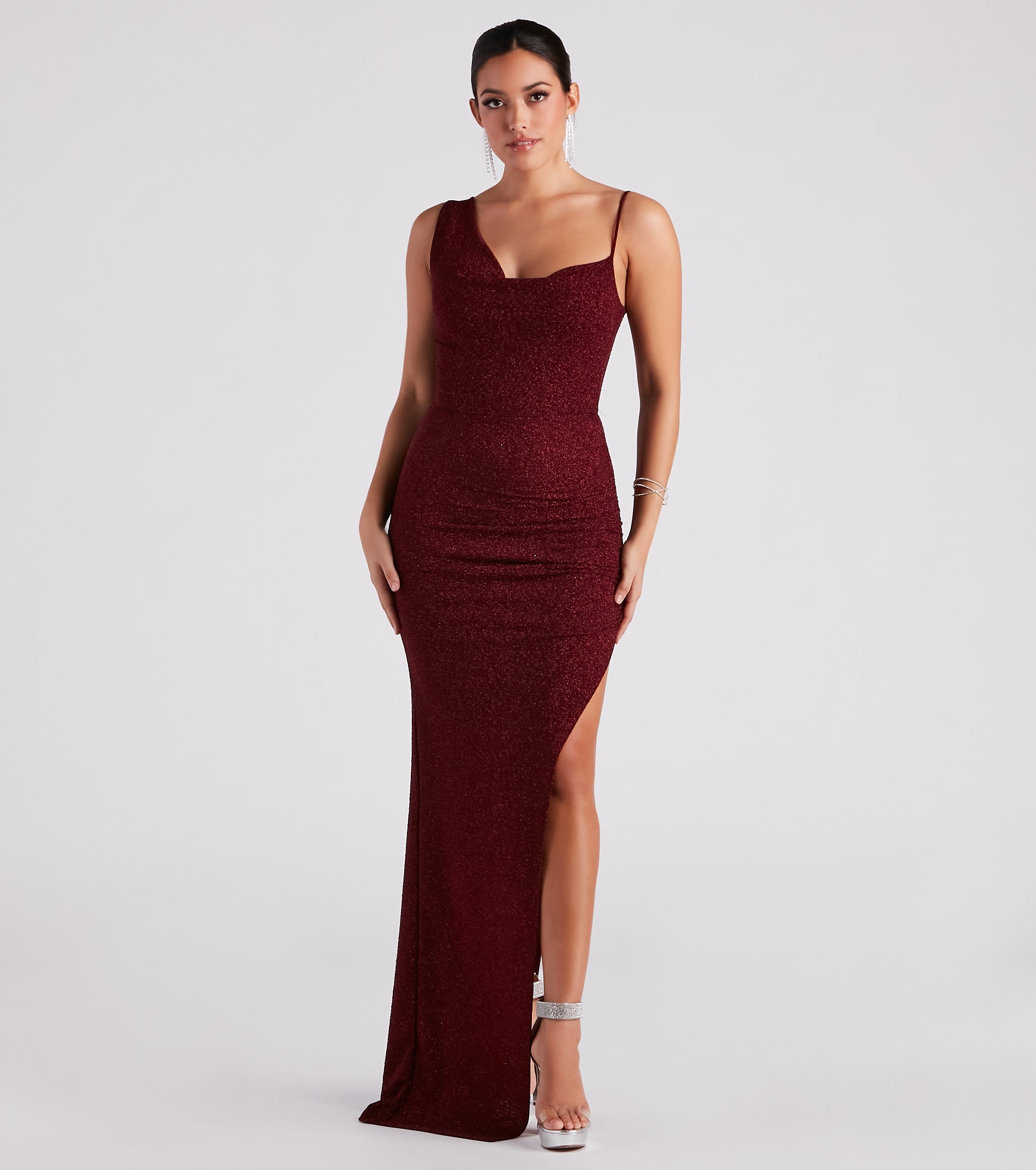 Ever Formal High Slit Glitter Dress - WINE