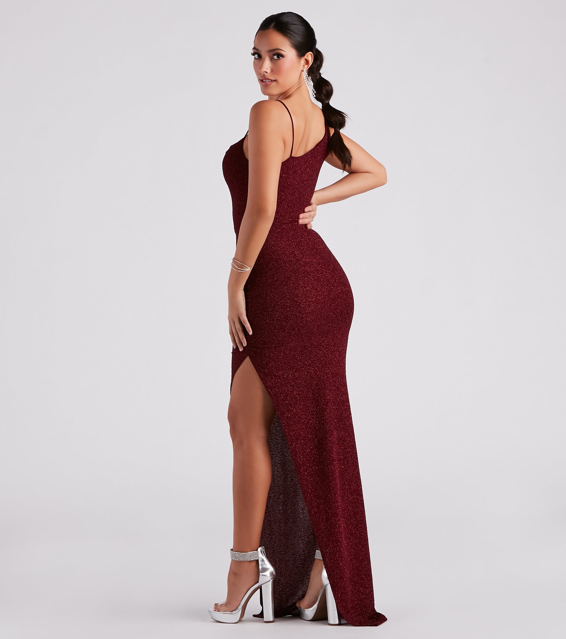Ever Formal High Slit Glitter Dress - WINE