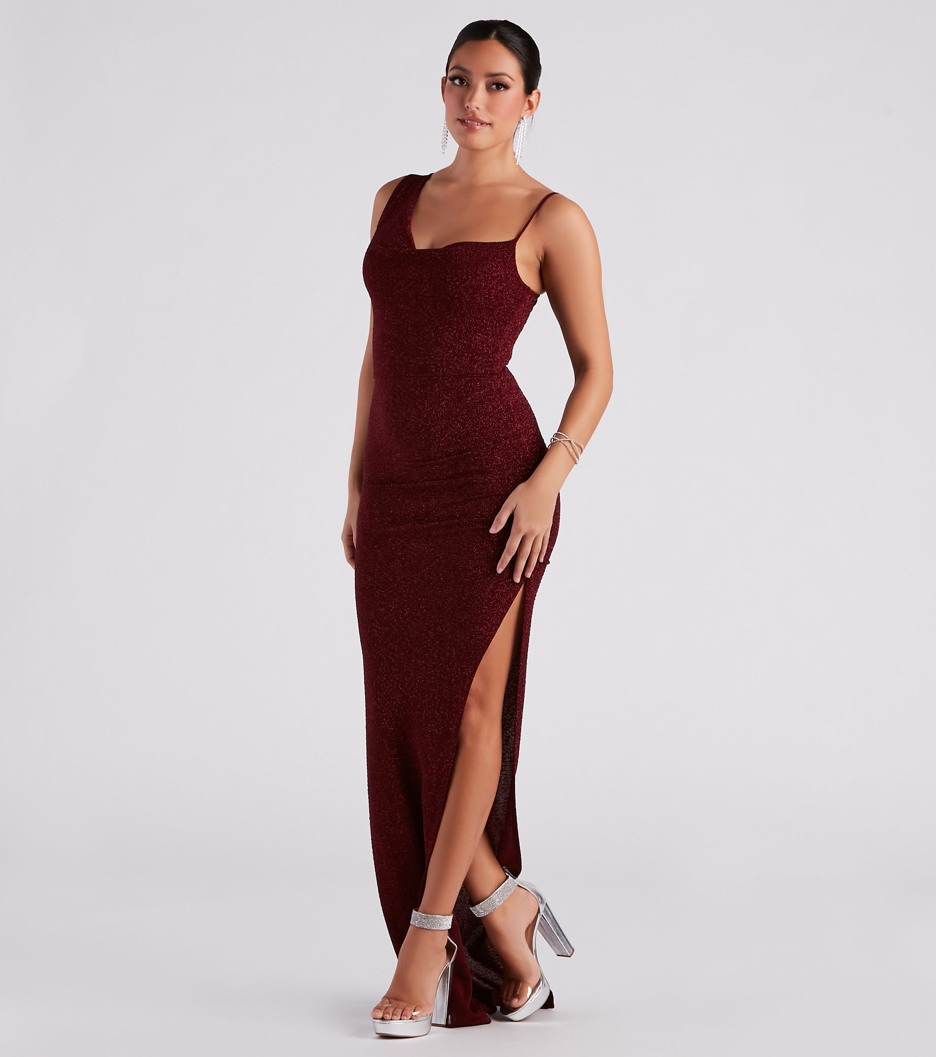 Ever Formal High Slit Glitter Dress - WINE
