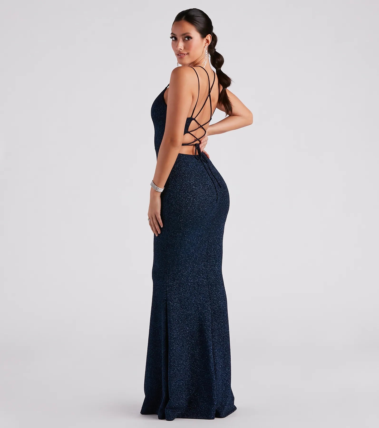 Rachel Formal Glitter Lace-Up Dress - NAVY