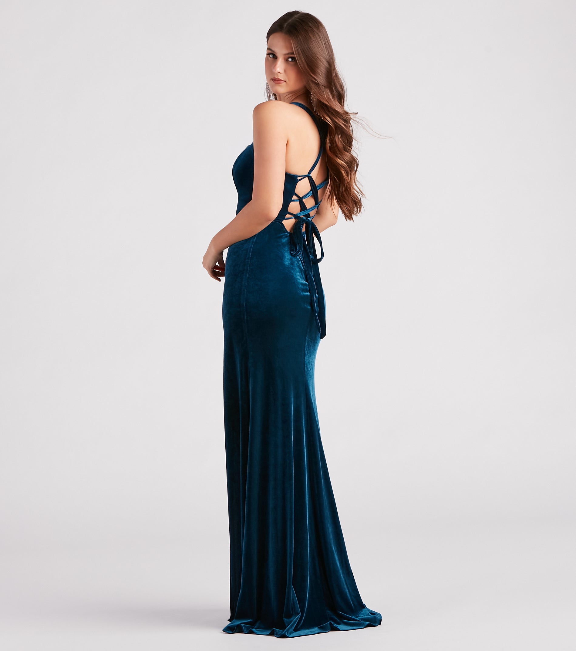 Christina Lace-Up Back Velvet Dress - TEAL