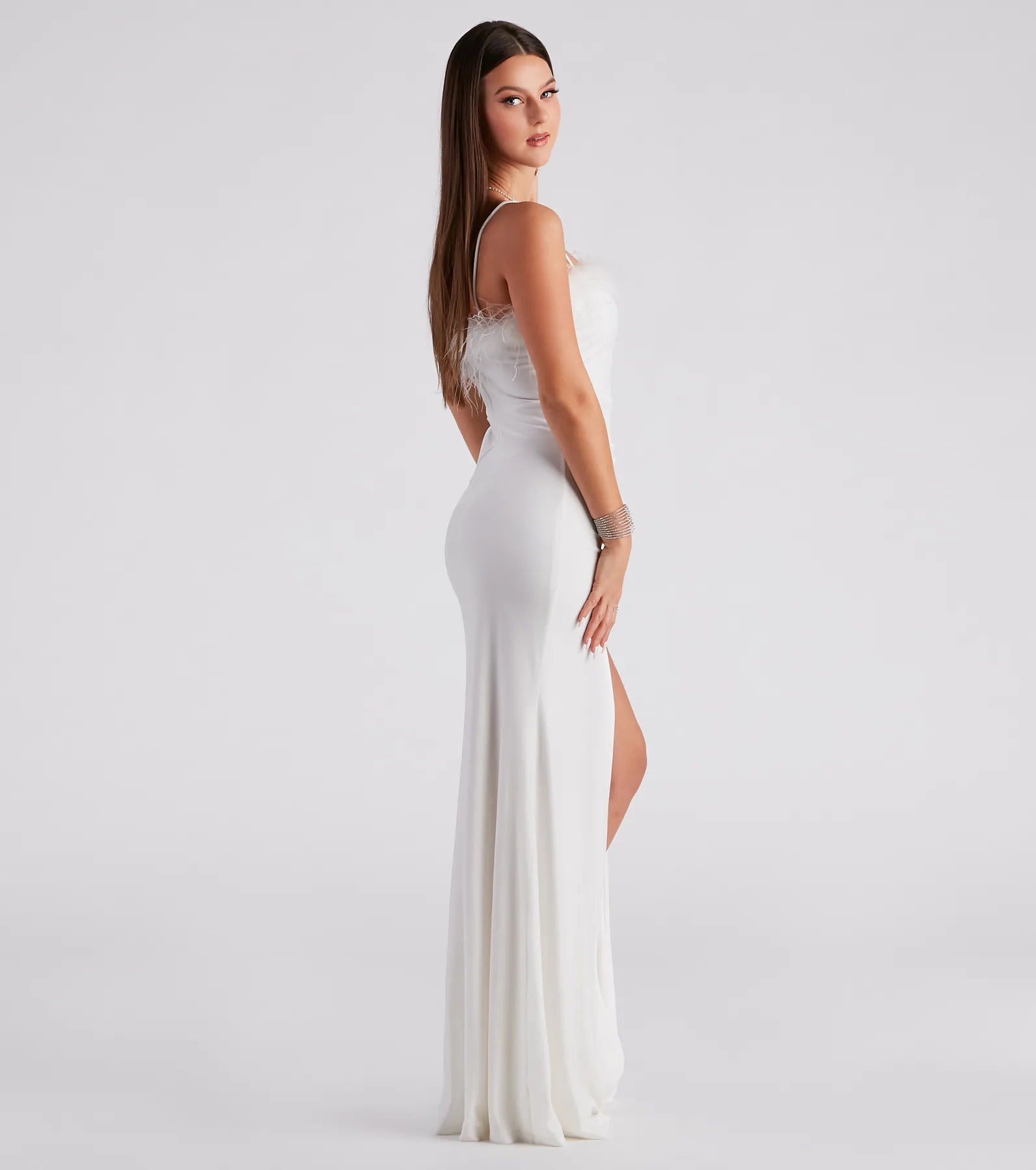 Jaime Feather Trim Velvet Mermaid Dress - WHITE