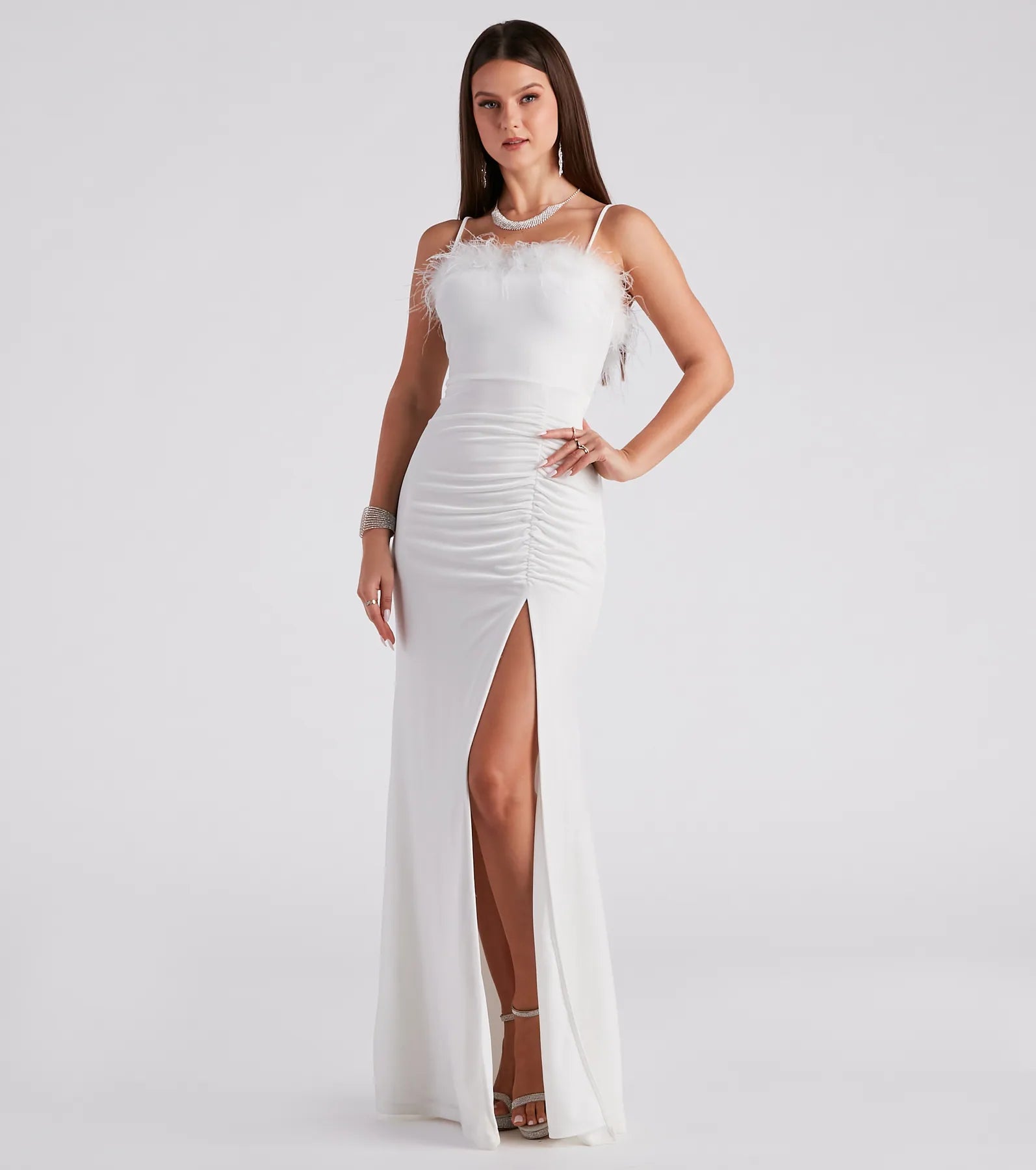 Jaime Feather Trim Velvet Mermaid Dress - WHITE