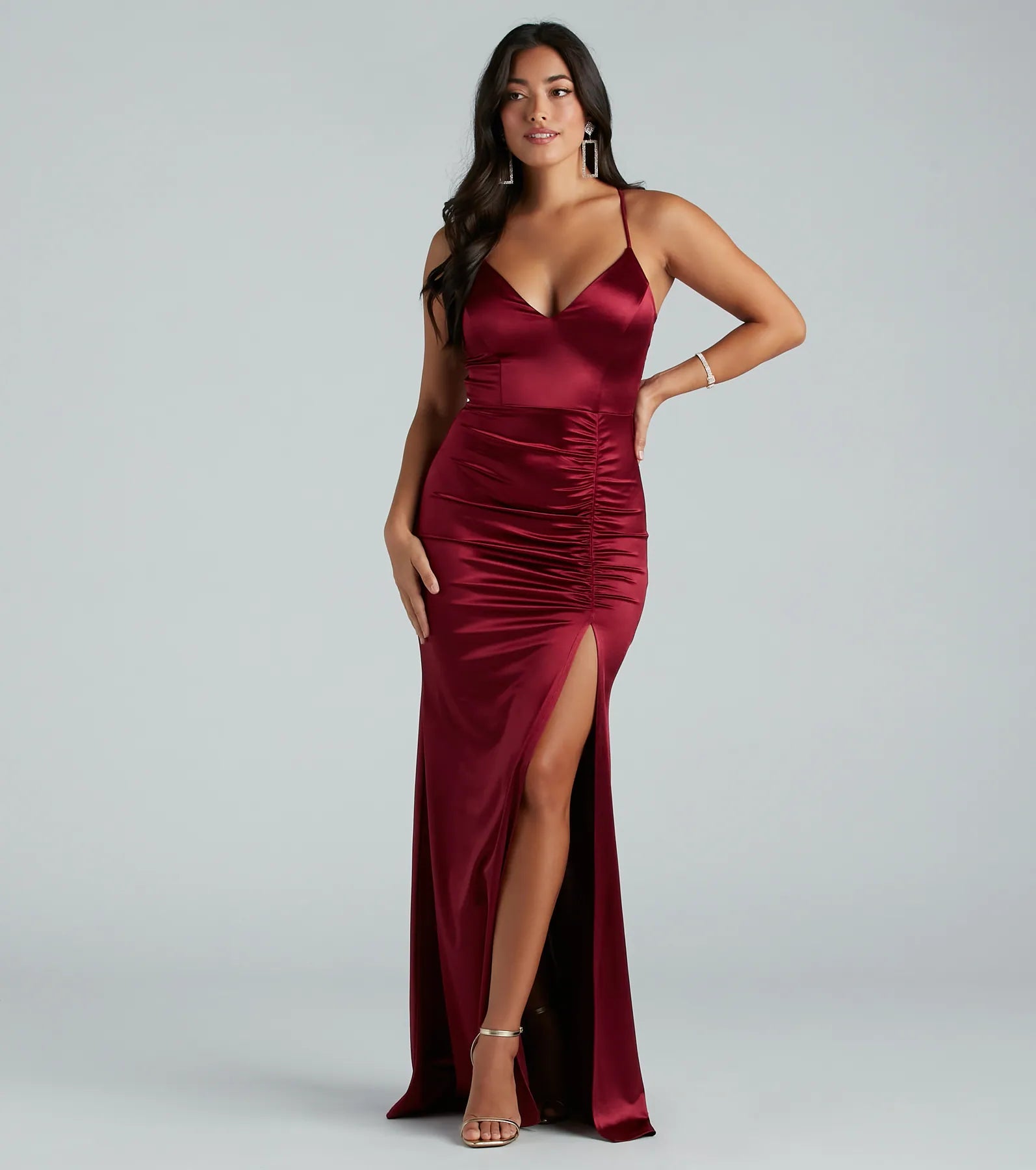 Abigail Ruched Satin Mermaid Dress - BURGUNDY