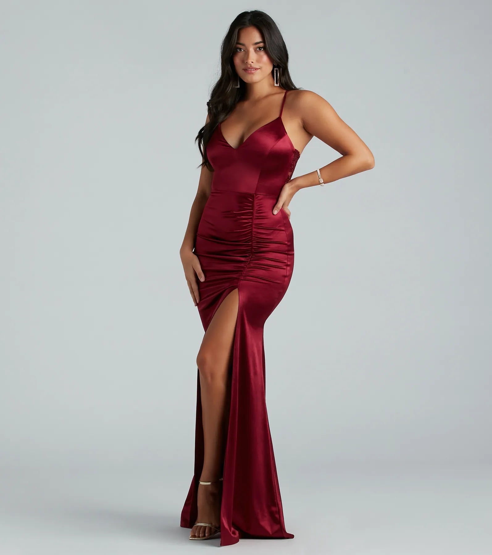 Abigail Ruched Satin Mermaid Dress - BURGUNDY