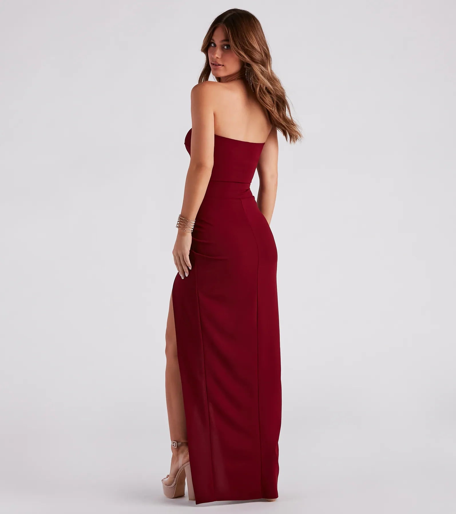 Whittney Strapless High Slit Formal Dress - BURGUNDY
