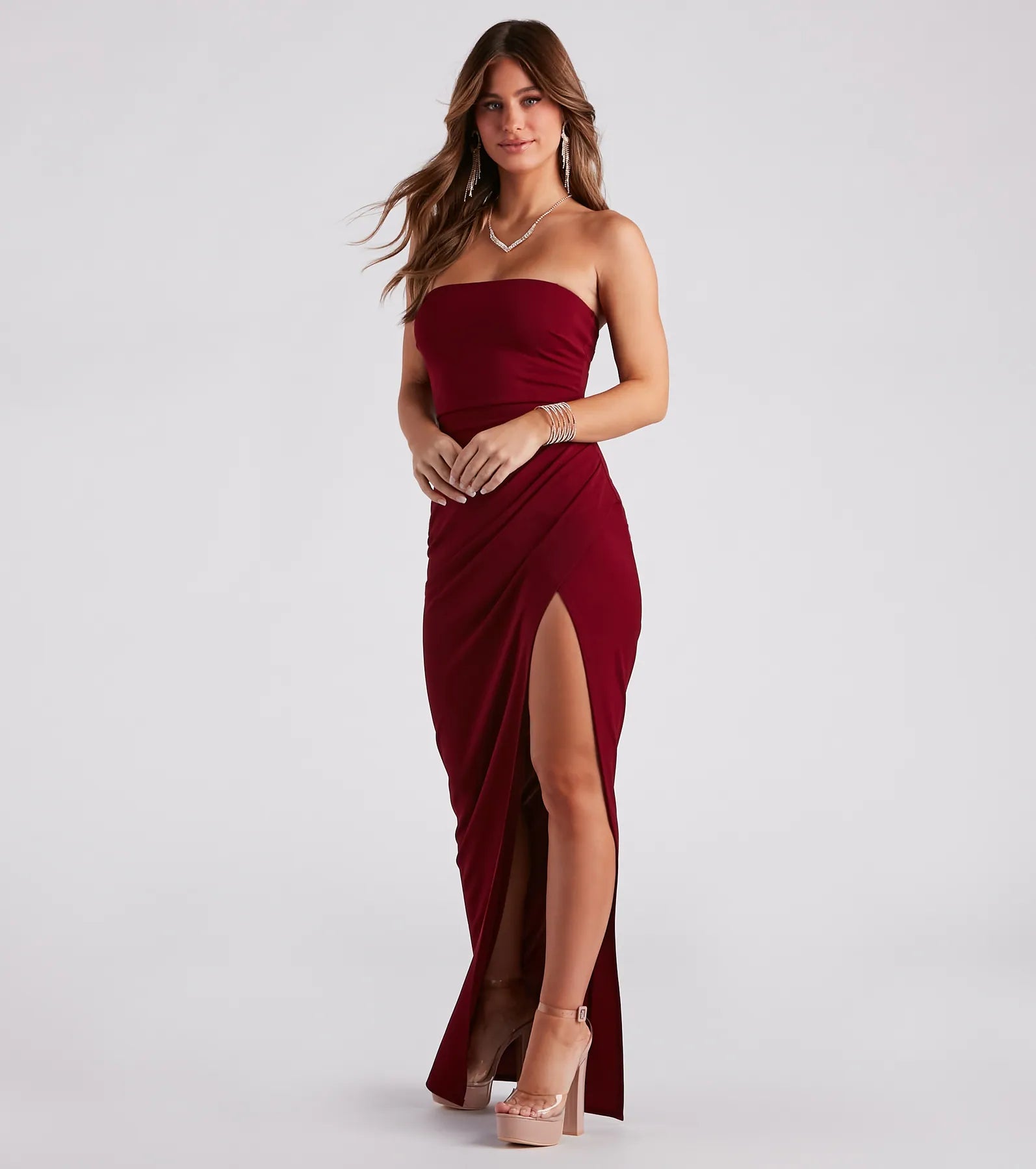 Whittney Strapless High Slit Formal Dress - BURGUNDY