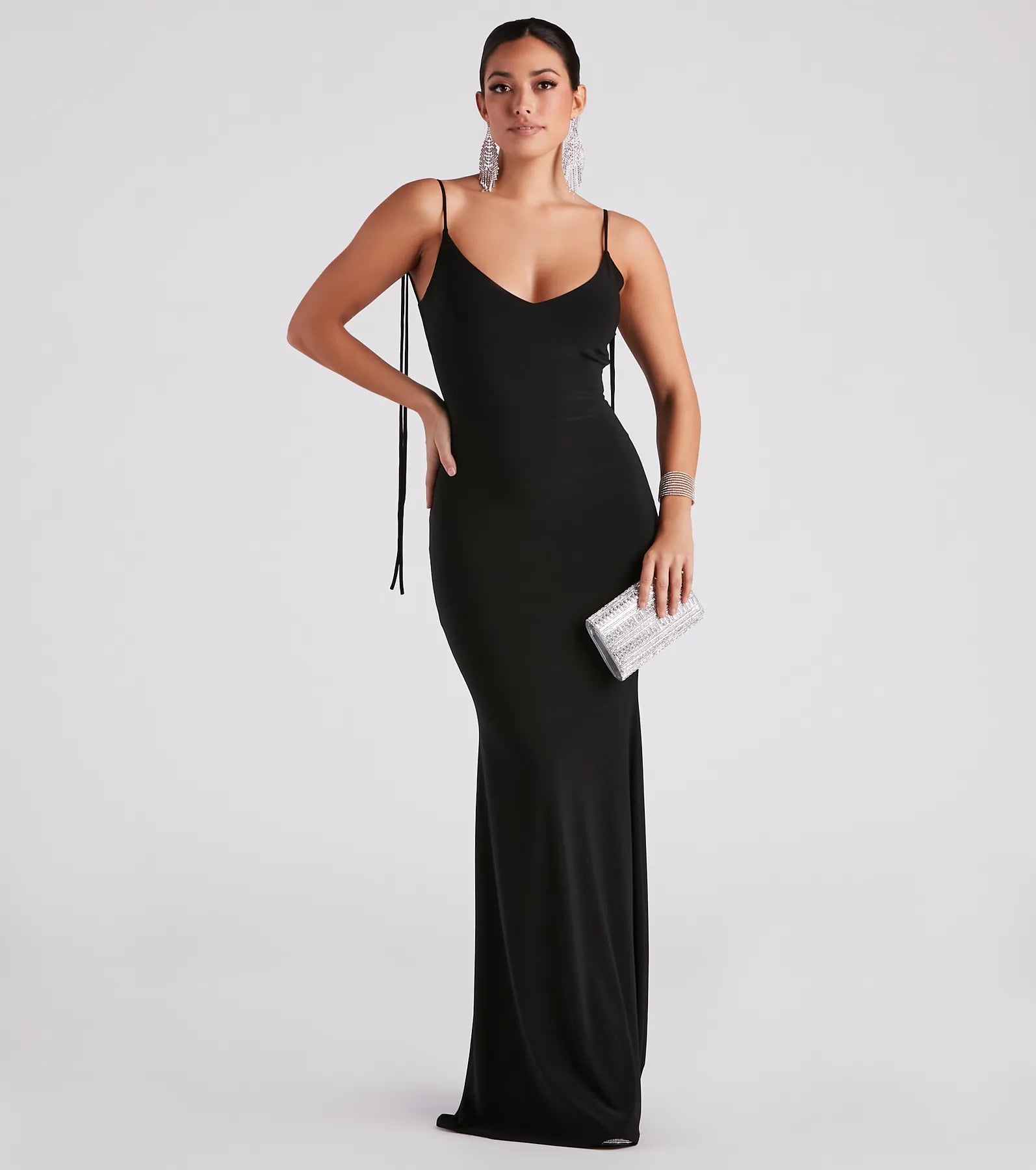 Clarence Formal Open Back Long Dress - BLACK