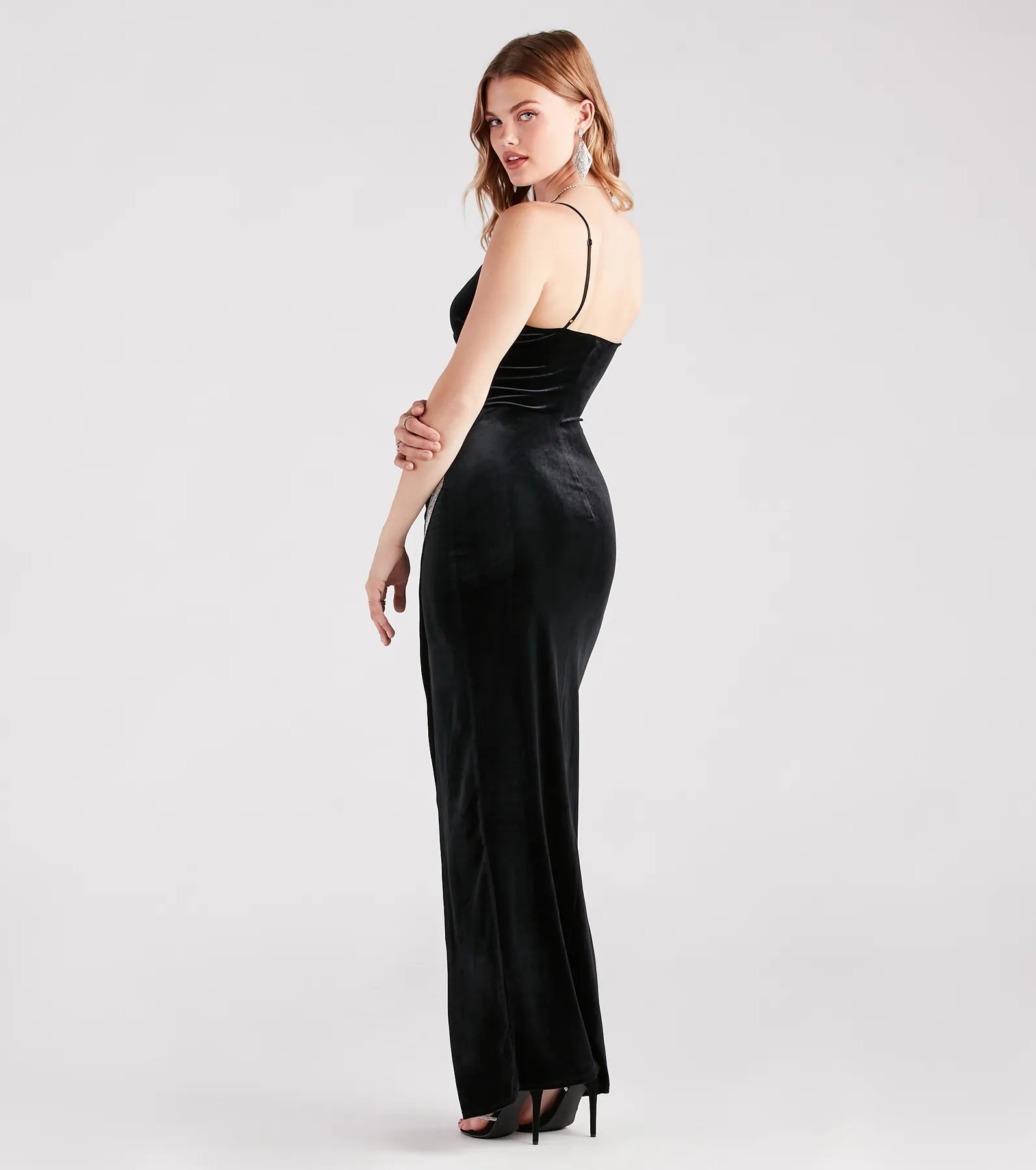 Dina Formal Velvet Rhinestone Slit Dress - BLACK