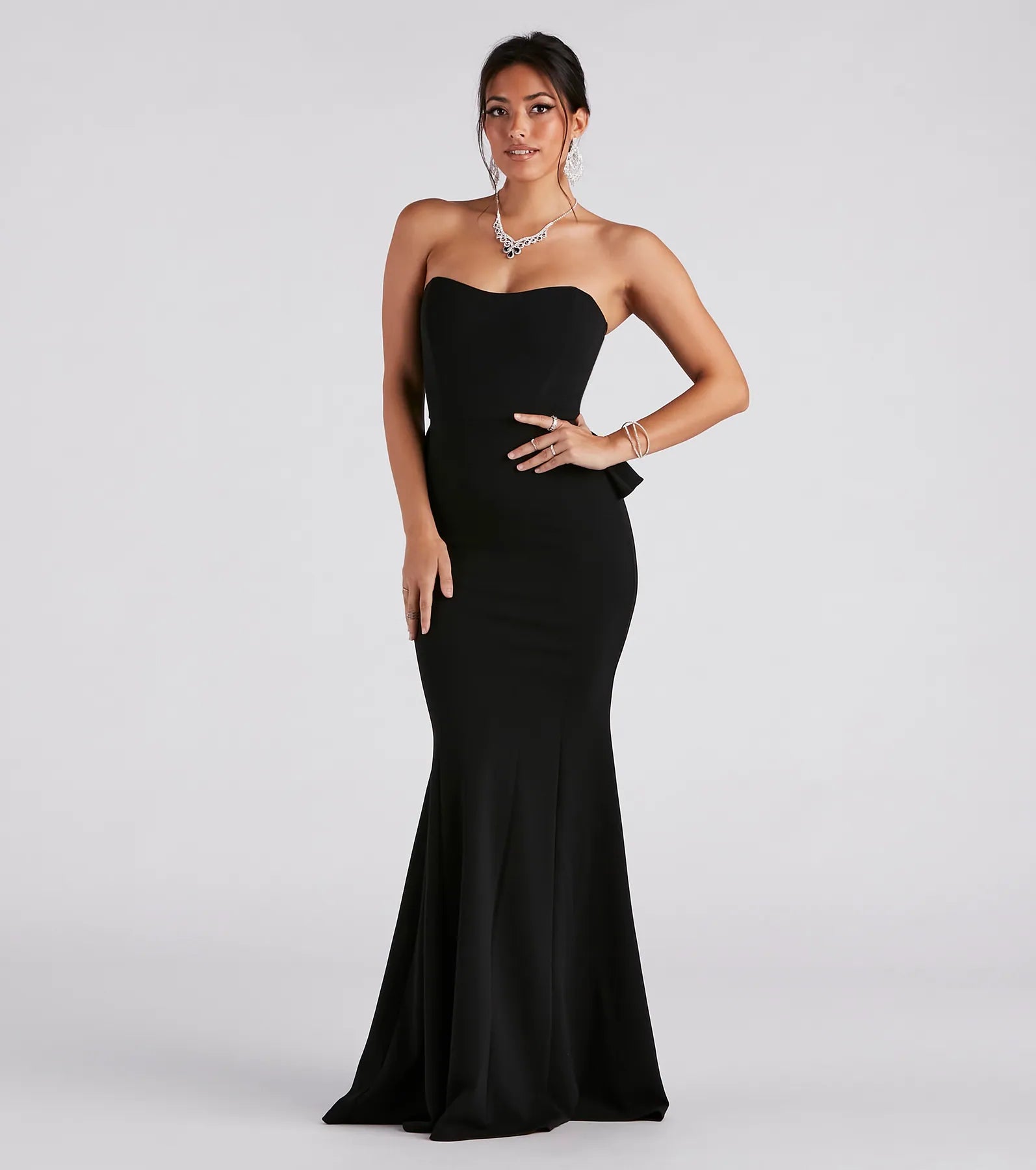 Breanne Strapless Ruffled Back Mermaid Dress - BLACK