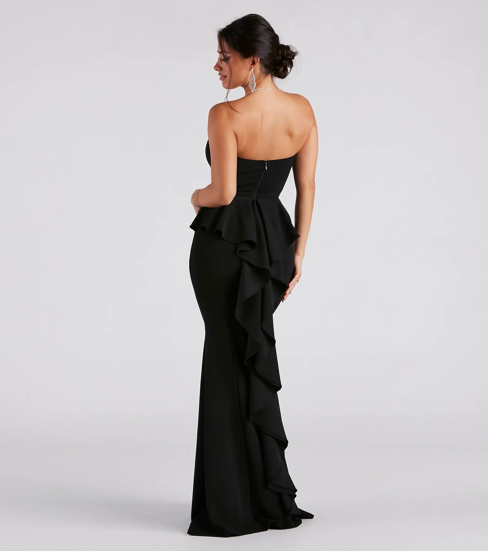 Breanne Strapless Ruffled Back Mermaid Dress - BLACK