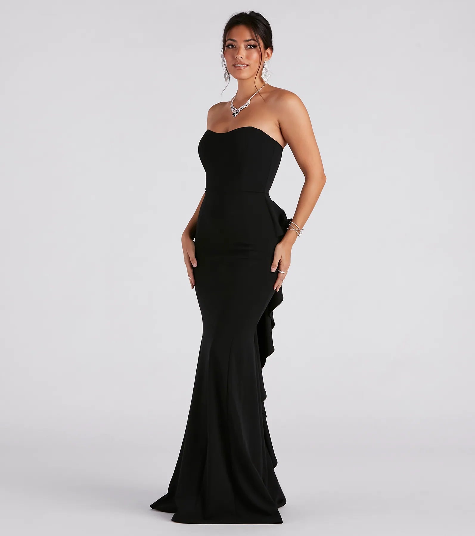Breanne Strapless Ruffled Back Mermaid Dress - BLACK