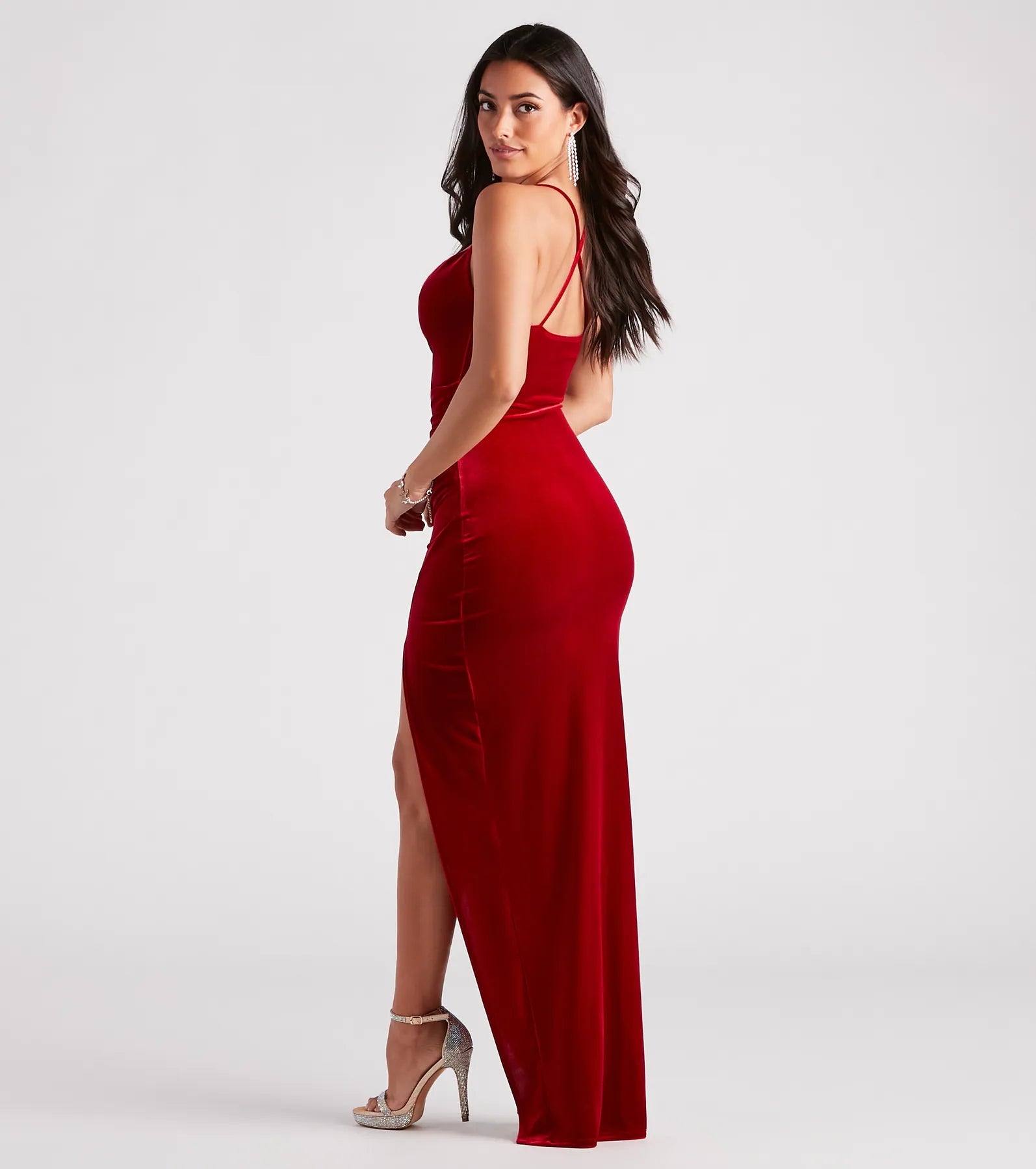 Riley Ruched Velvet Formal Dress - RED