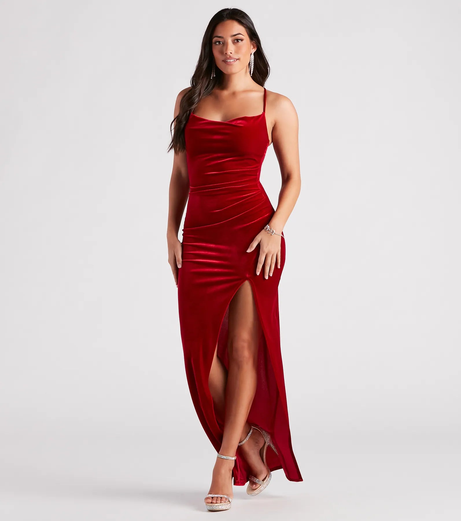 Riley Ruched Velvet Formal Dress - RED