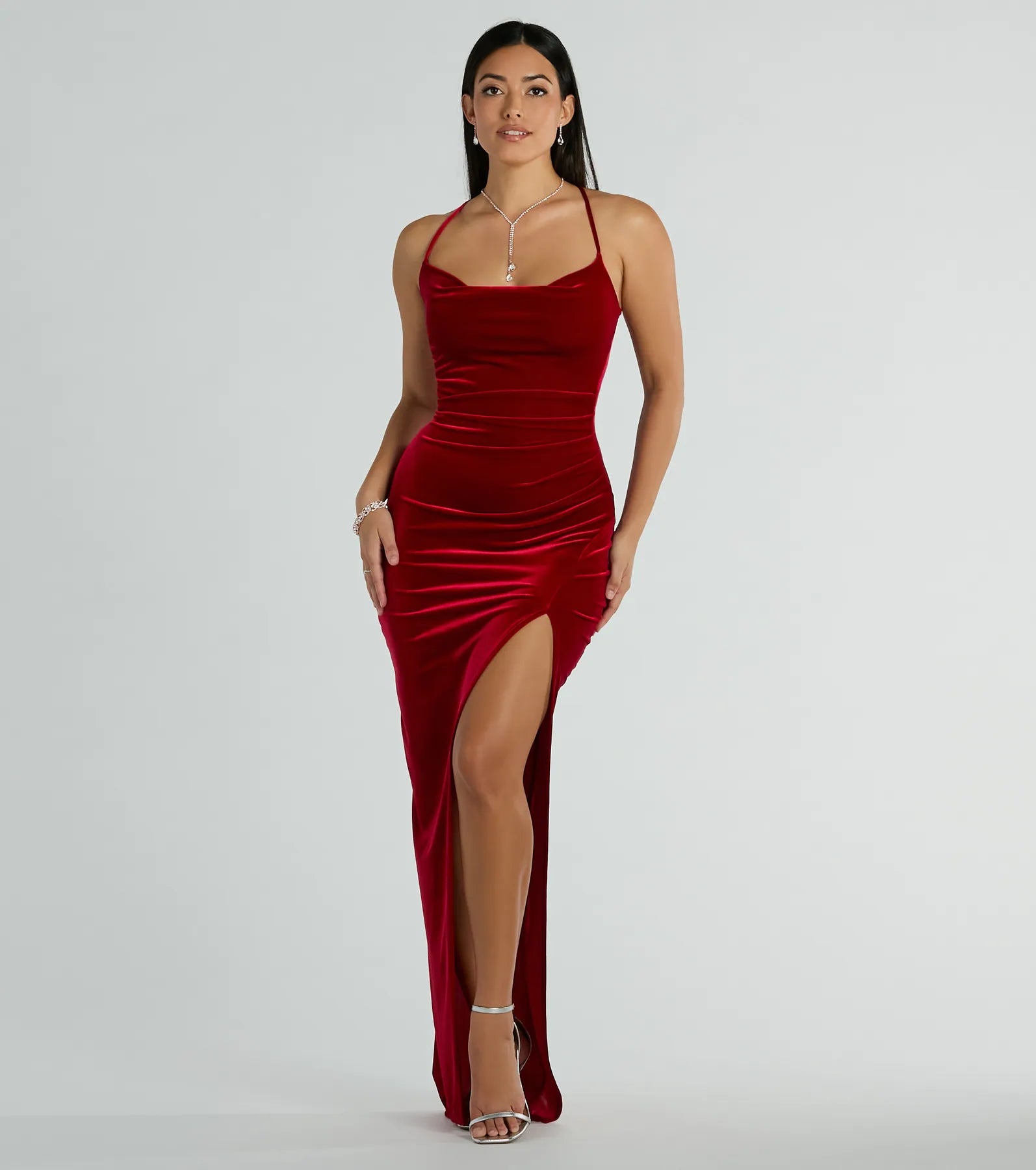 Riley Ruched Velvet Formal Dress - RED-2