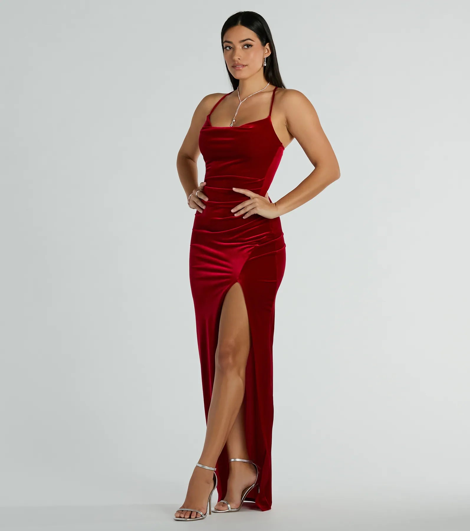 Riley Ruched Velvet Formal Dress - RED-2