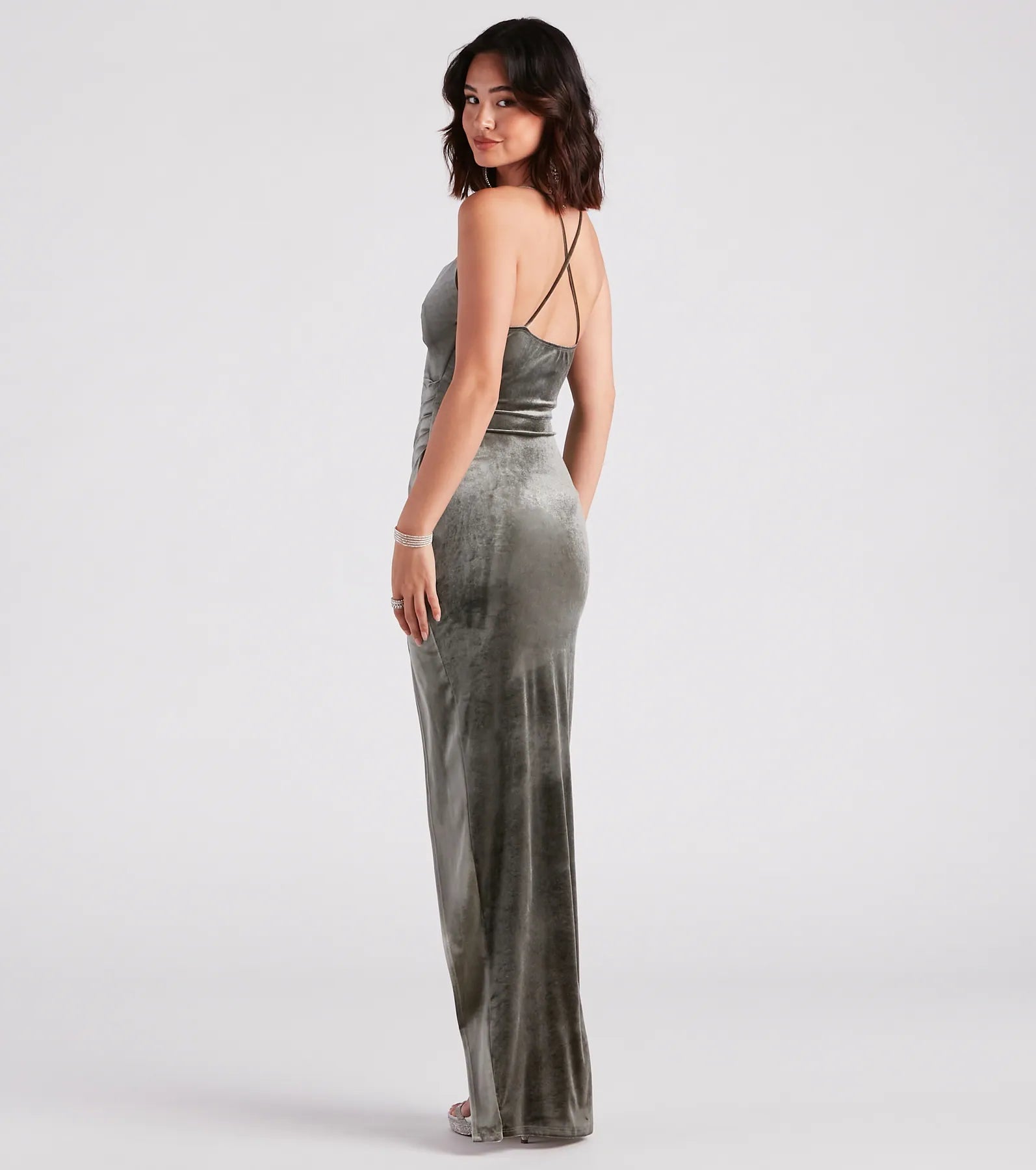 Riley Ruched Velvet Formal Dress - OLIVE-2
