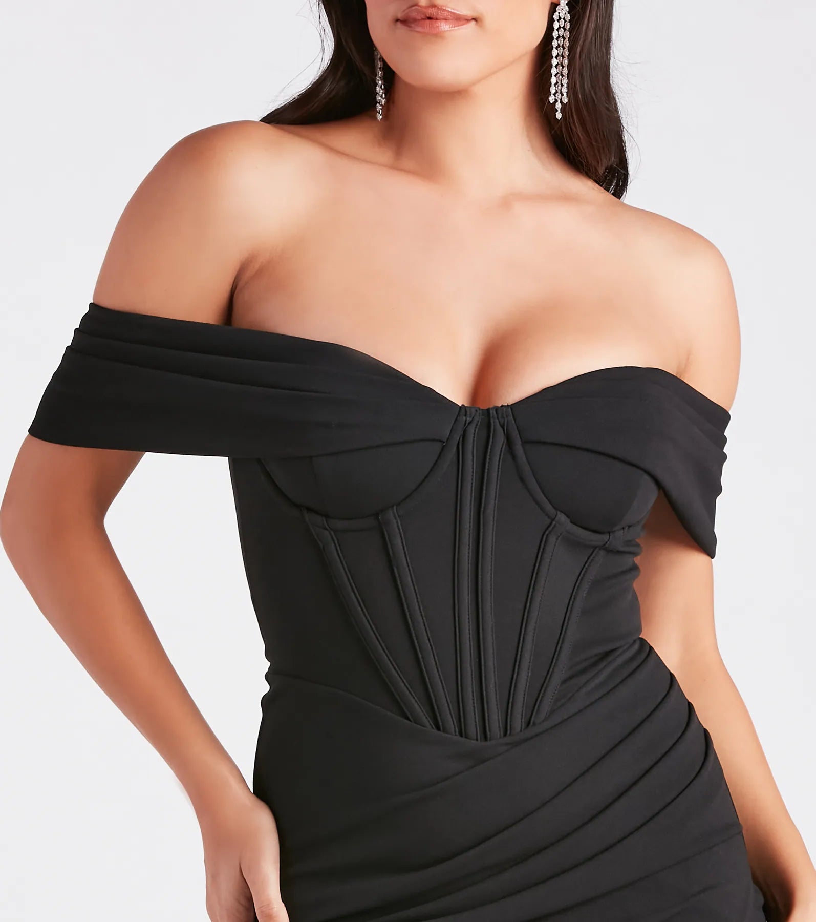 Marleen Formal Crepe Corset Off-The-Shoulder Dress - BLACK