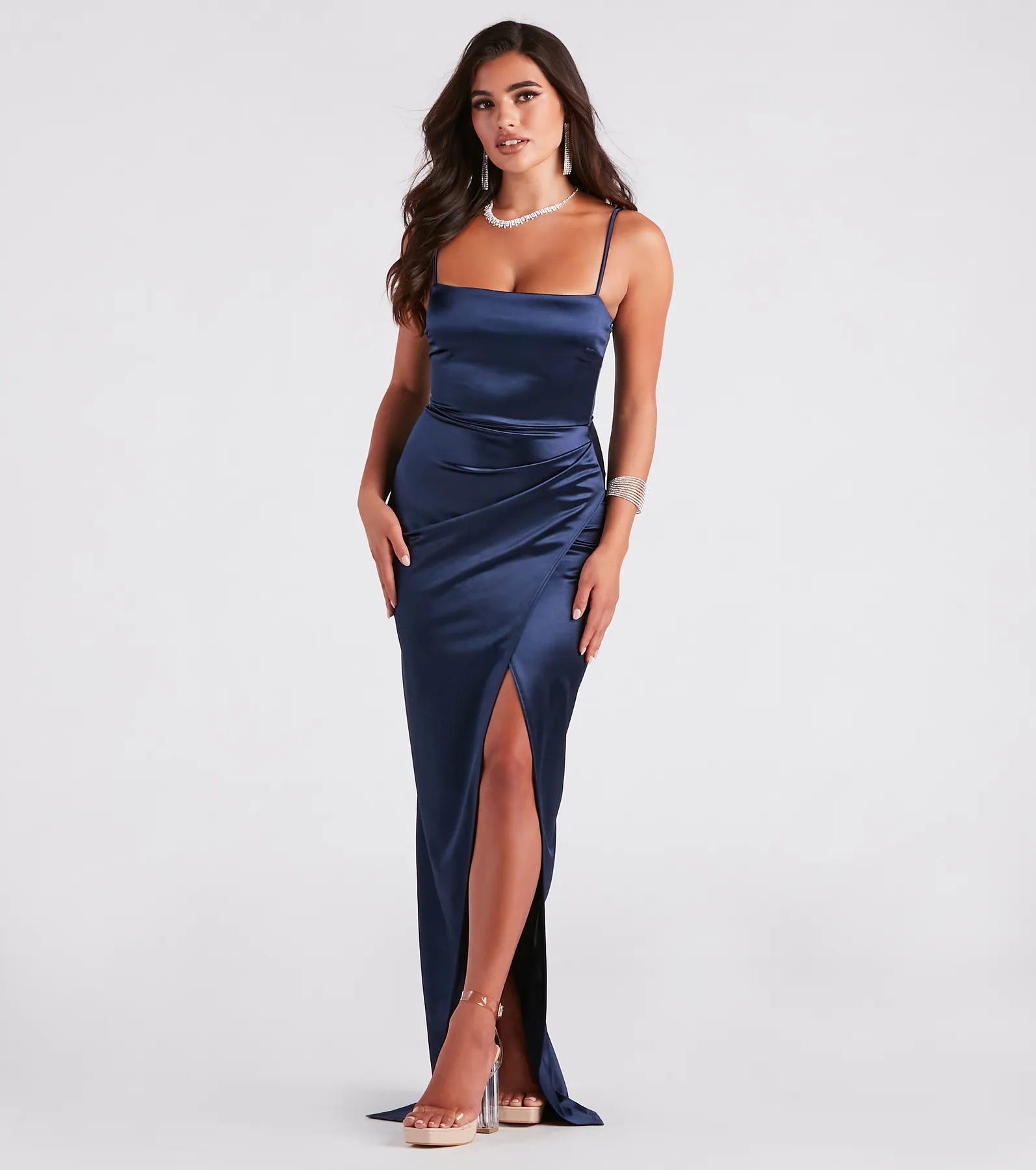 Mayra Formal Satin Slit Long Dress - NAVY