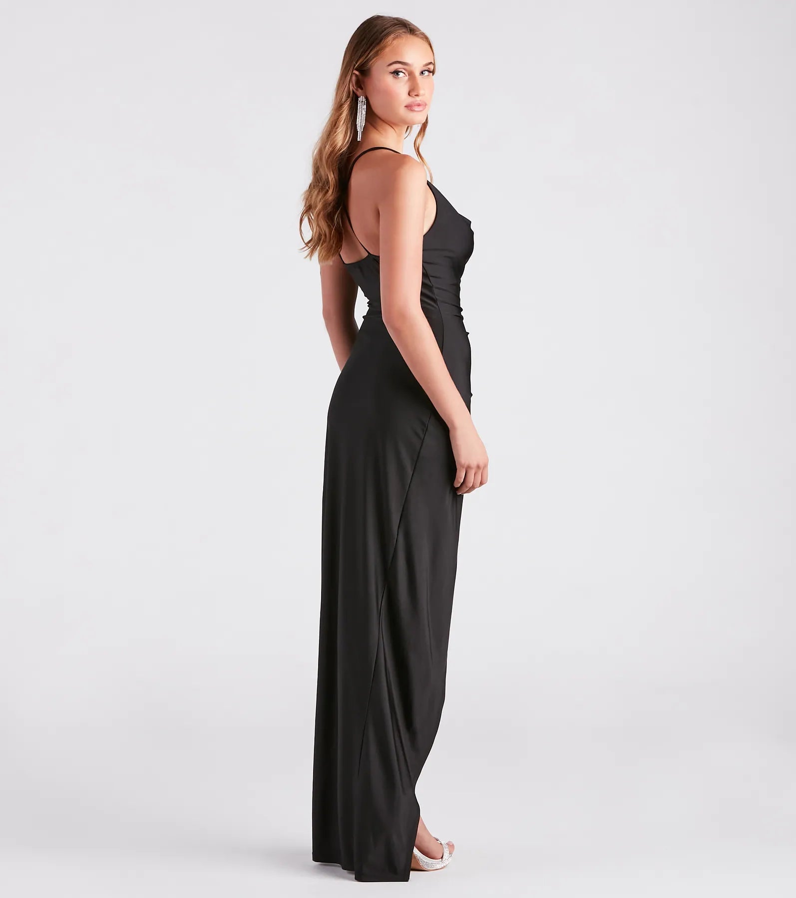 Arabella High Slit Cowl Neck Dress - BLACK