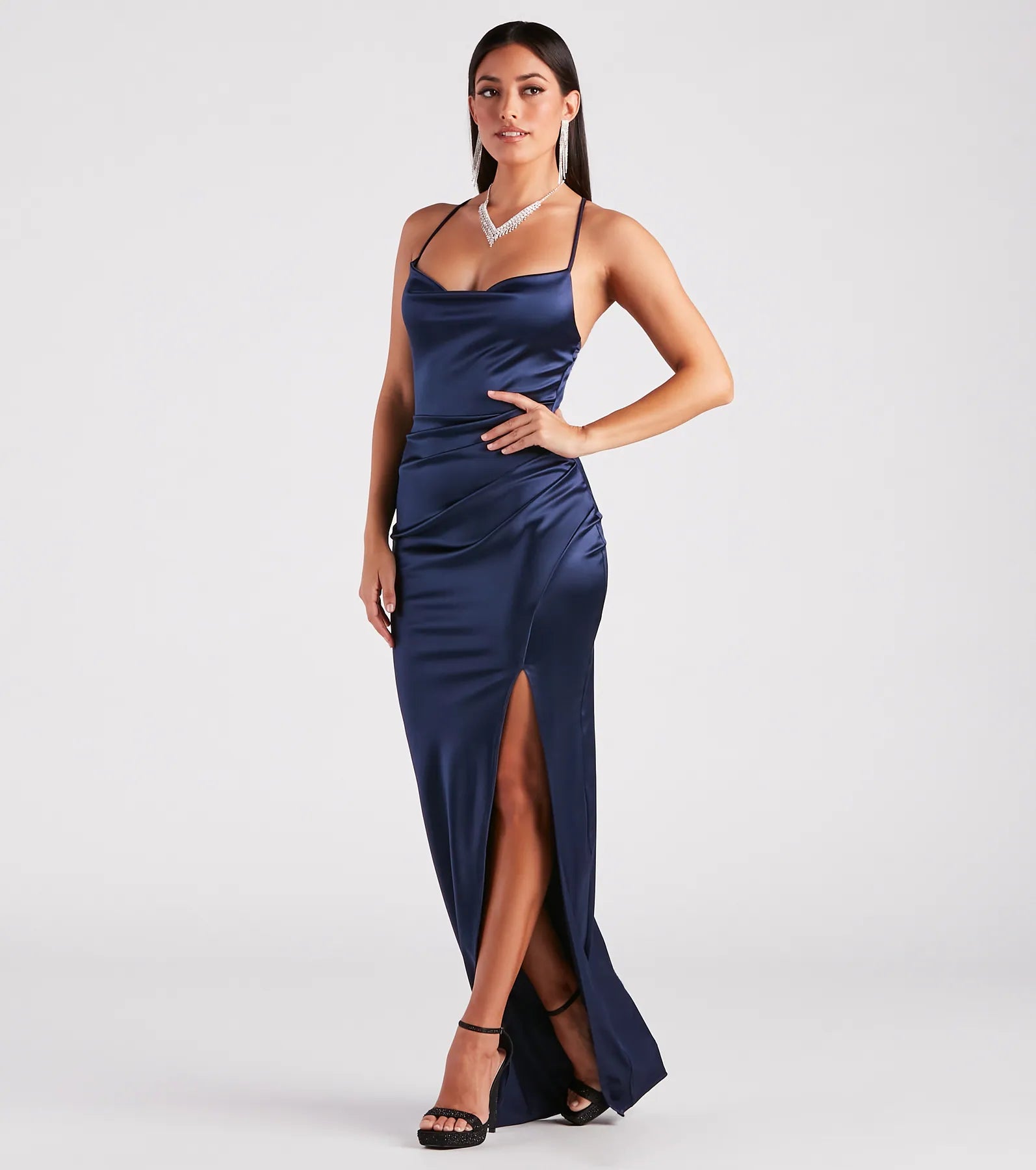 Stella Satin Cowl Neck High Slit Formal Dress - NAVY