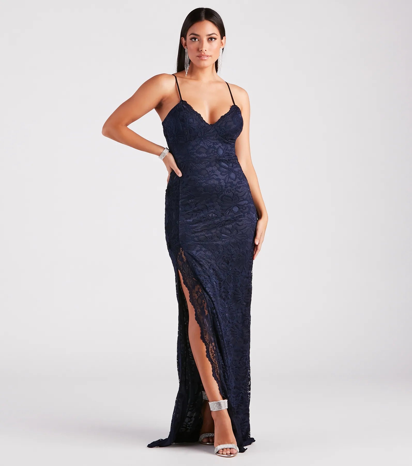 Jessica Formal Lace Slit Long Dress - NAVY