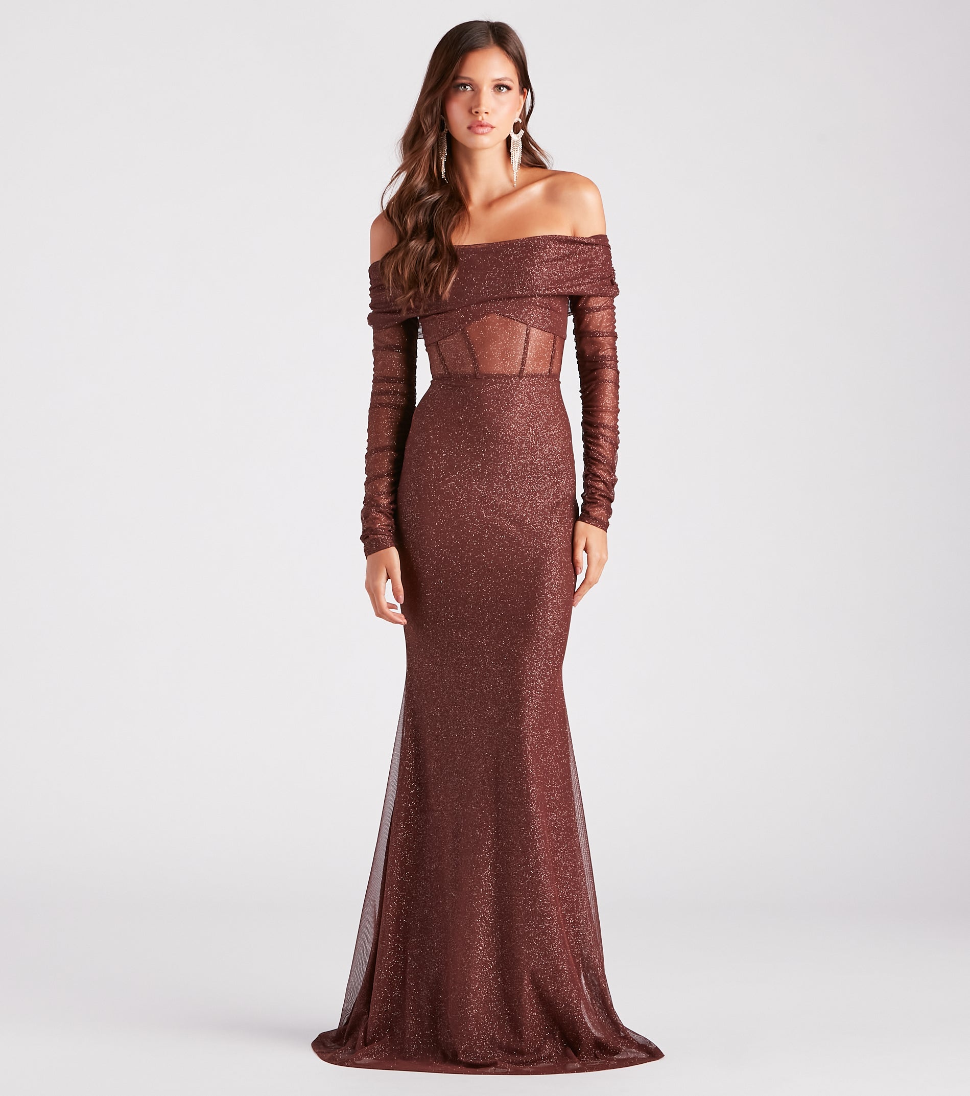 Mandy Glitter Mesh Mermaid Dress - BROWN