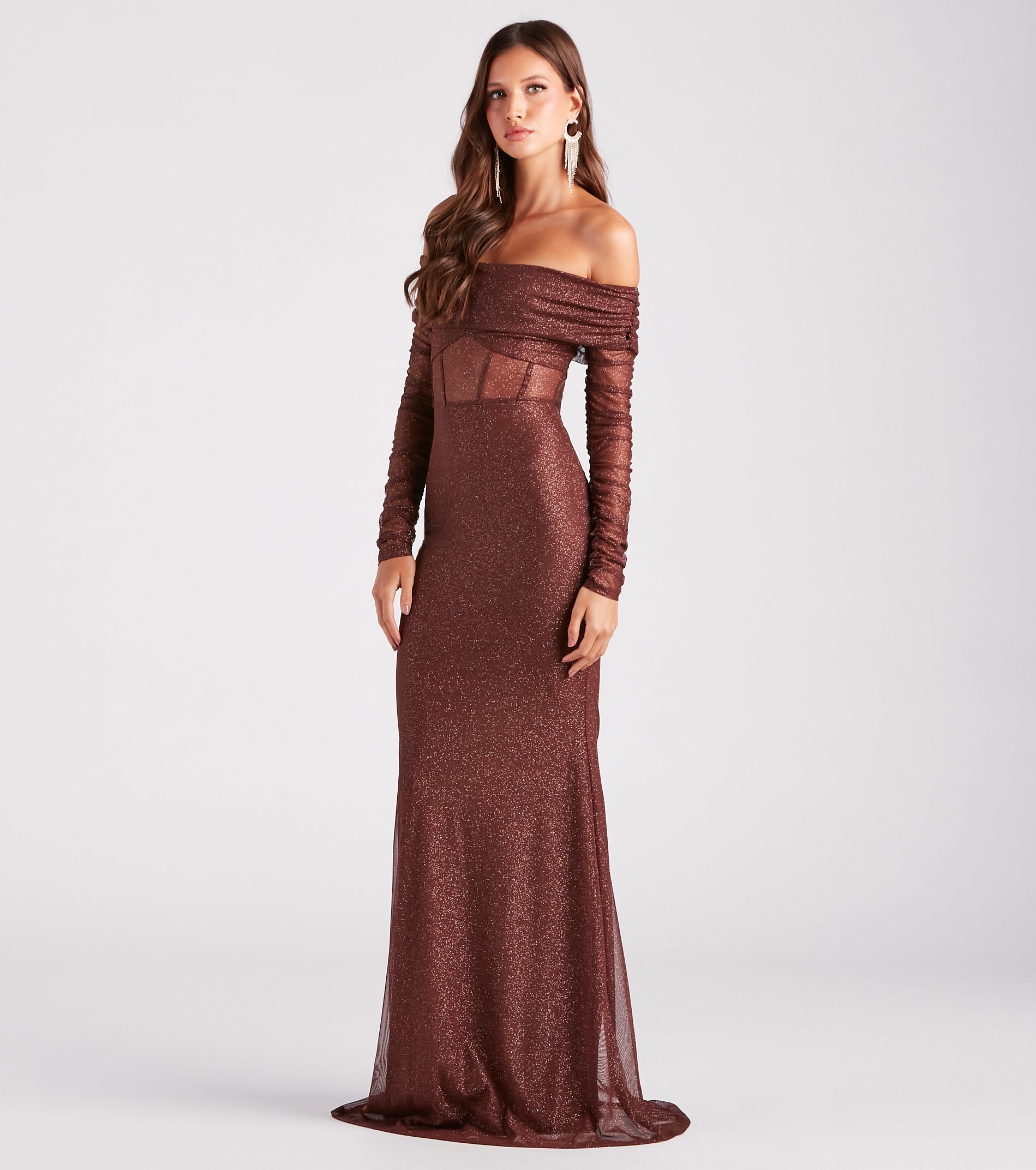 Mandy Glitter Mesh Mermaid Dress - BROWN