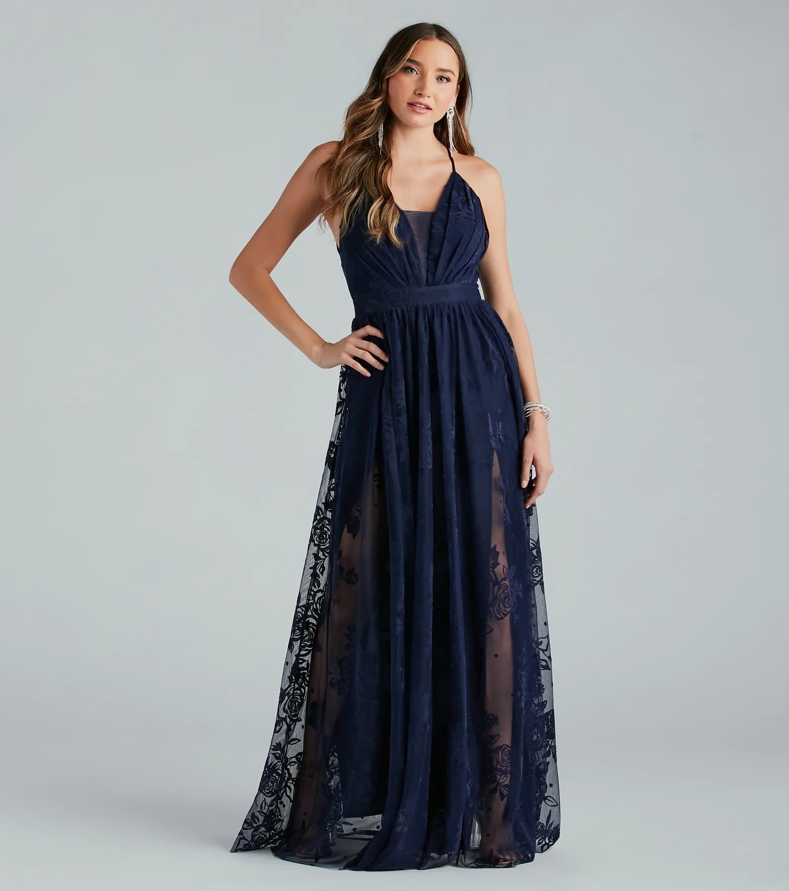 Lina Flocked Velvet A-Line Formal Dress - NAVY