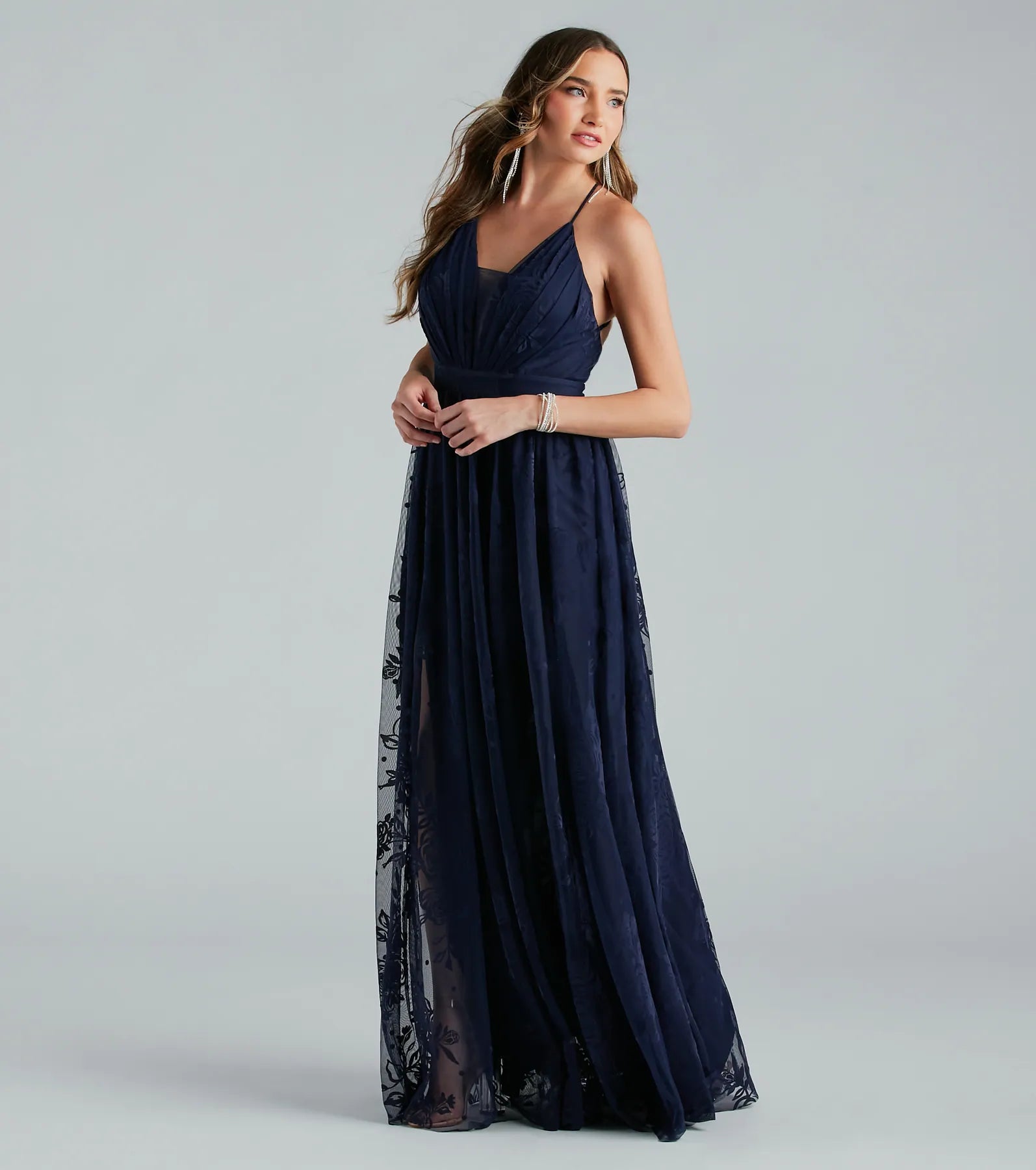 Lina Flocked Velvet A-Line Formal Dress - NAVY