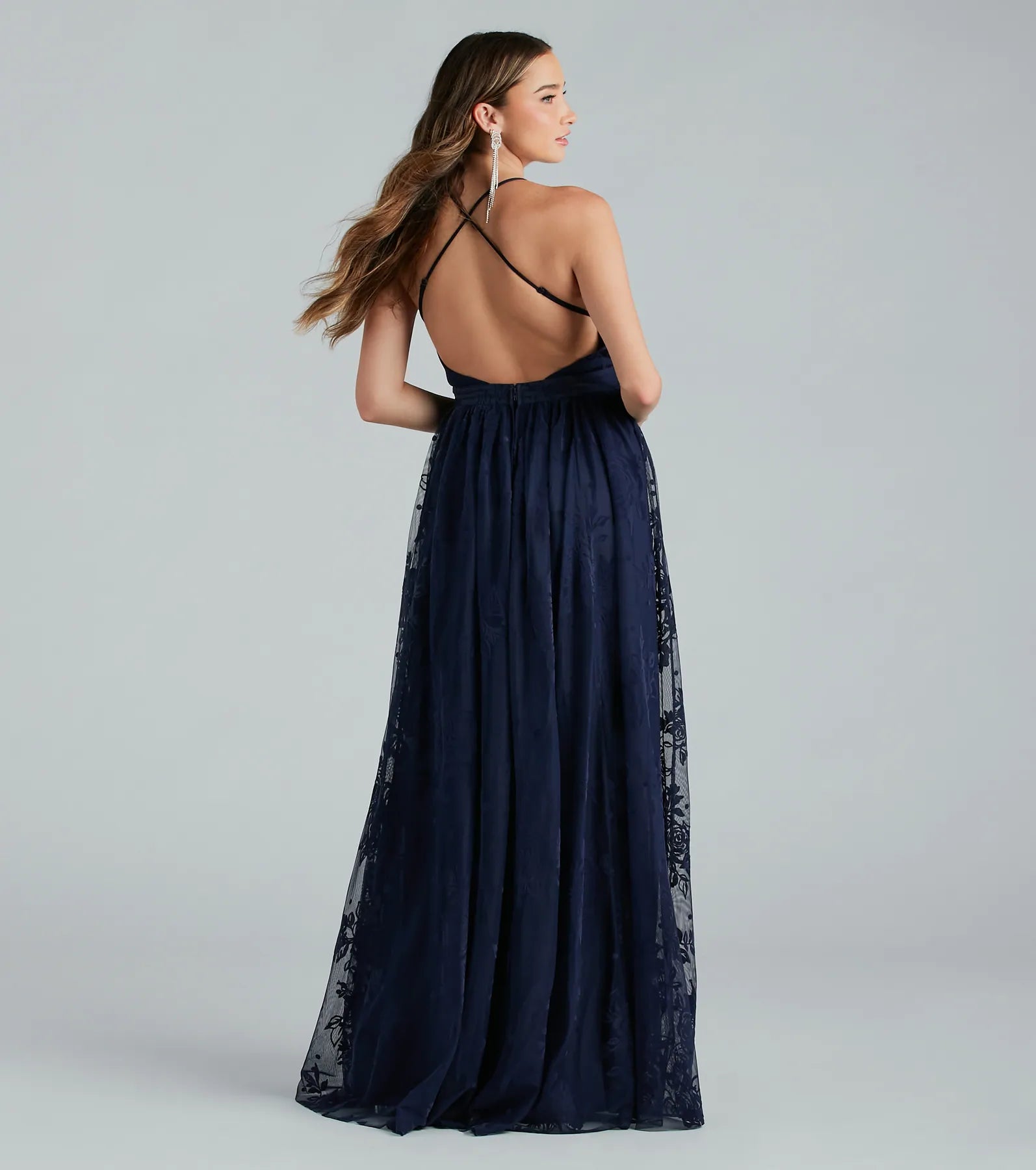 Lina Flocked Velvet A-Line Formal Dress - NAVY