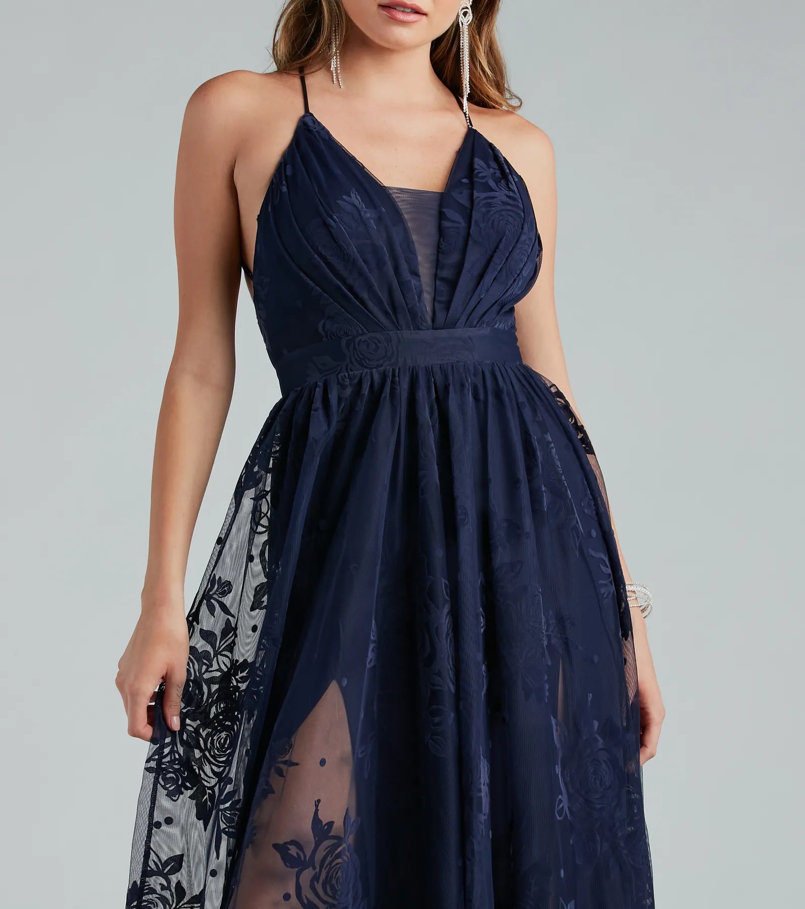 Lina Flocked Velvet A-Line Formal Dress - NAVY