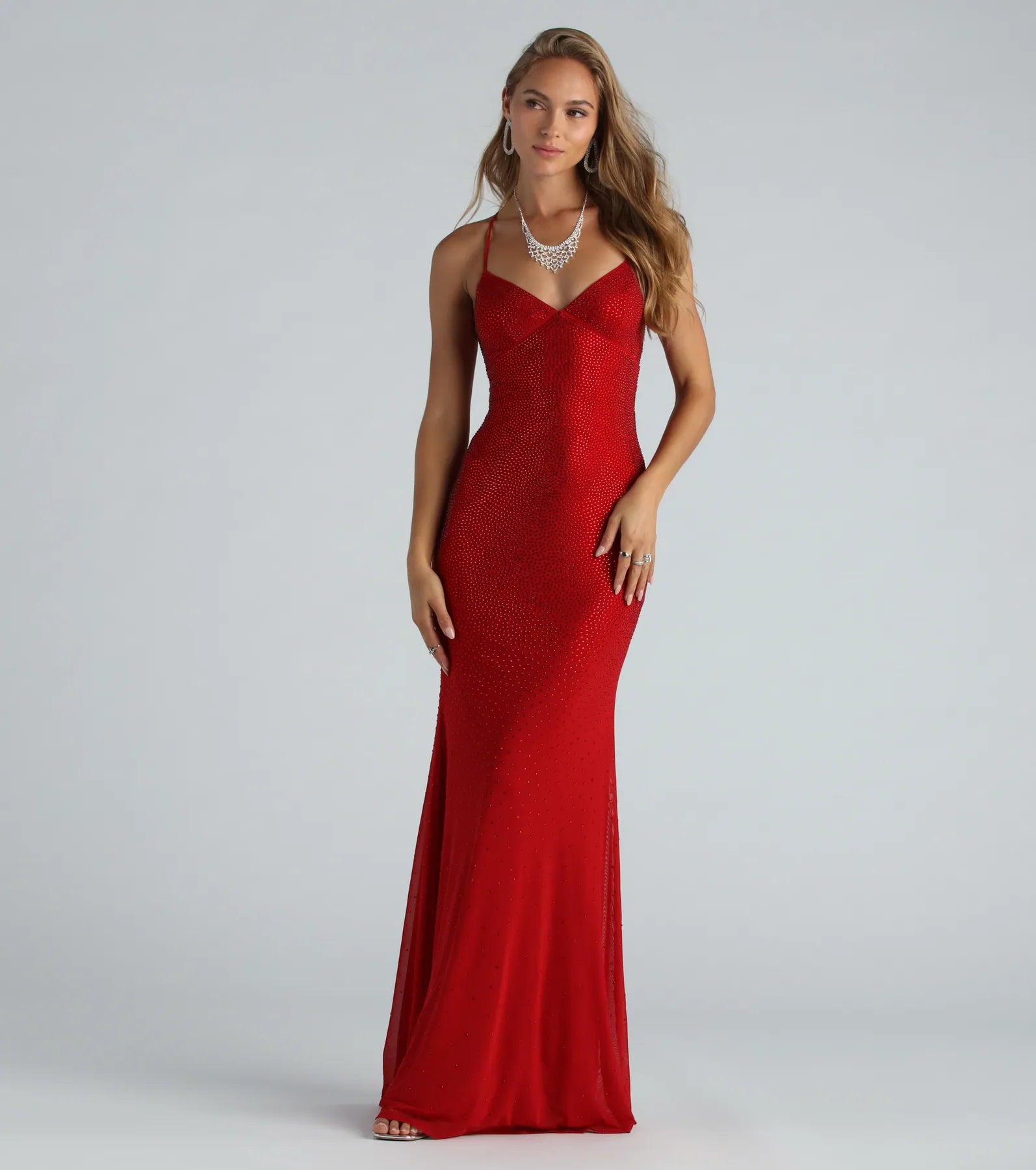 Blair Lace-Up A-Line Rhinestone Formal Dress - RED