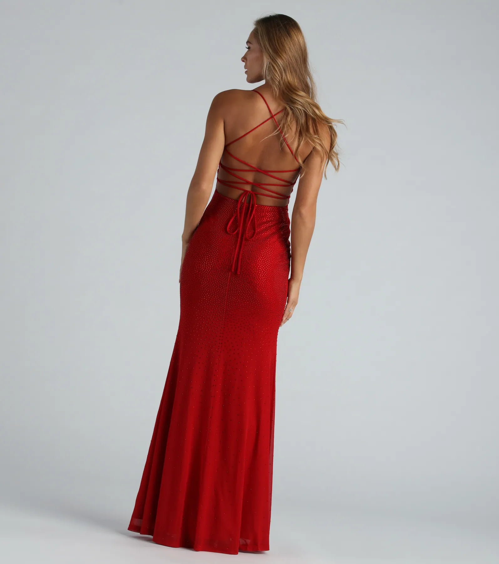 Blair Lace-Up A-Line Rhinestone Formal Dress - RED