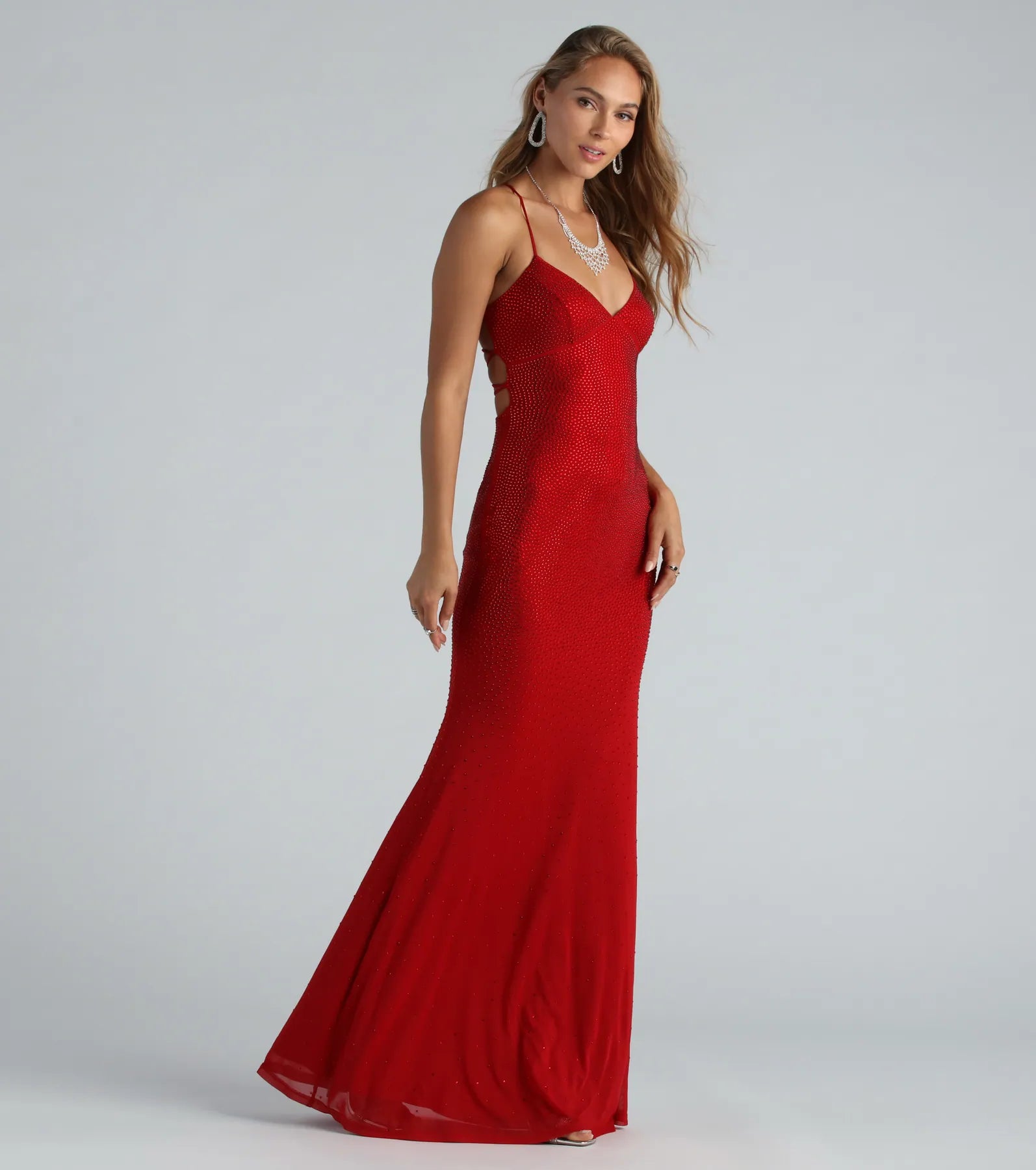 Blair Lace-Up A-Line Rhinestone Formal Dress - RED