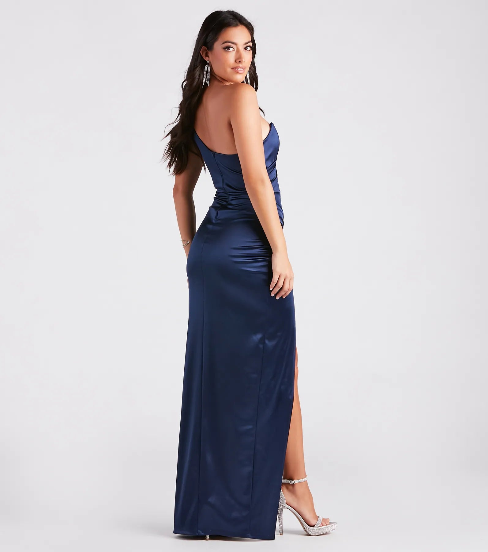 Isla Satin One-Shoulder Wrap Dress - NAVY