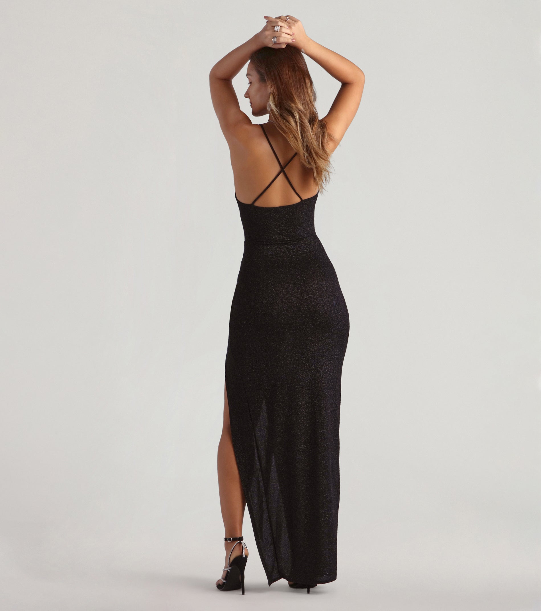 Amirah Formal Glitter Cowl Neck Column Dress - BLACK