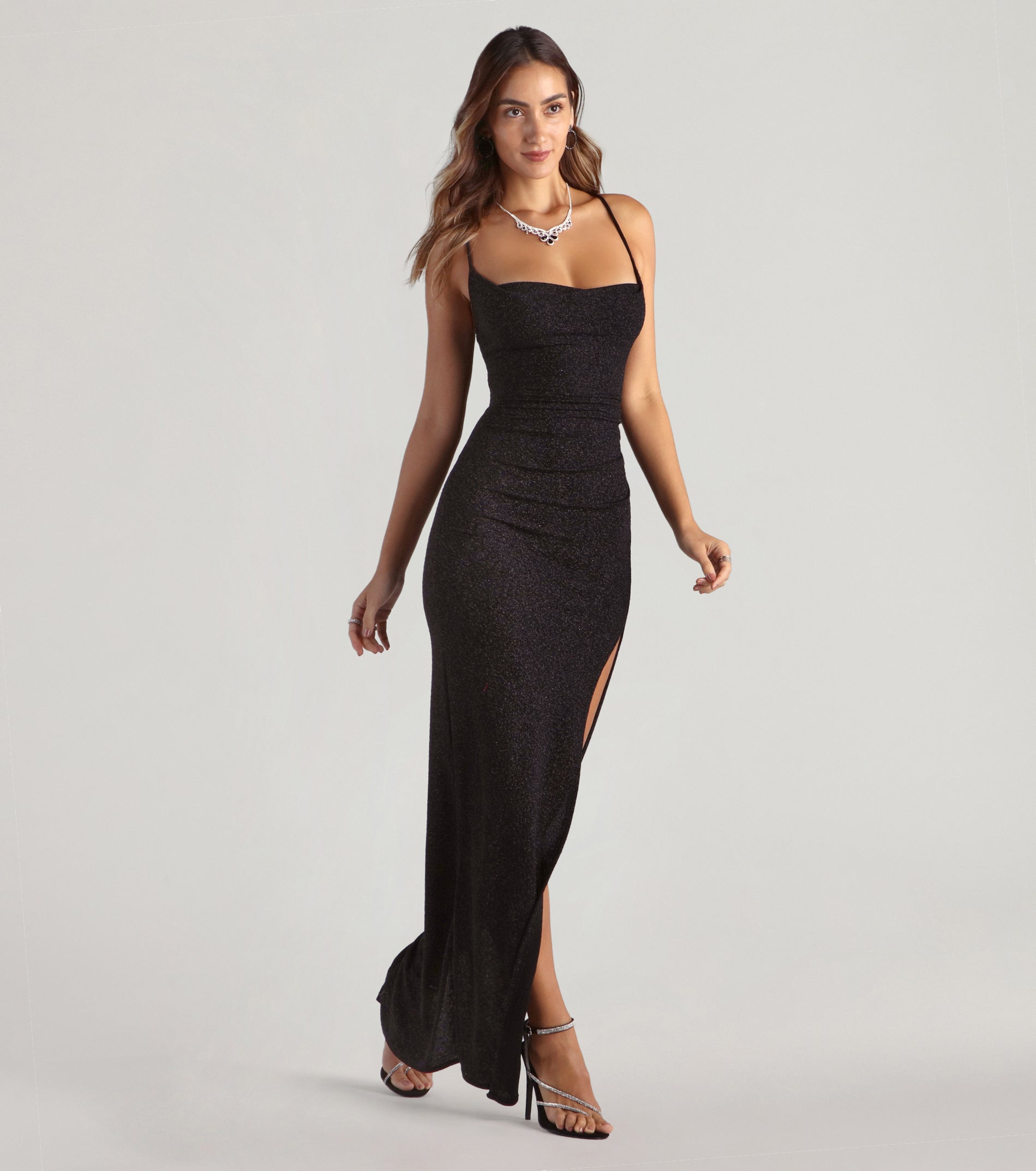 Amirah Formal Glitter Cowl Neck Column Dress - BLACK